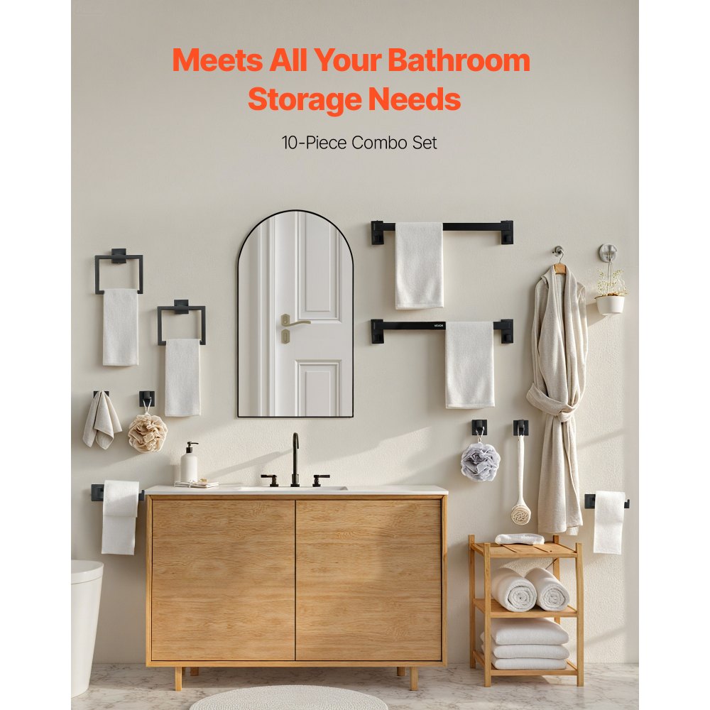 VEVOR Matte Black Bathroom Hardware Set, 10-Piece Bathroom Accessories Set, 2 Stainless Steel 24-in Towel Bars, 2 Towel Racks, 4 Robe Towel Hooks, 2 Toilet Paper Holders for Bath Room, Wall Mounted