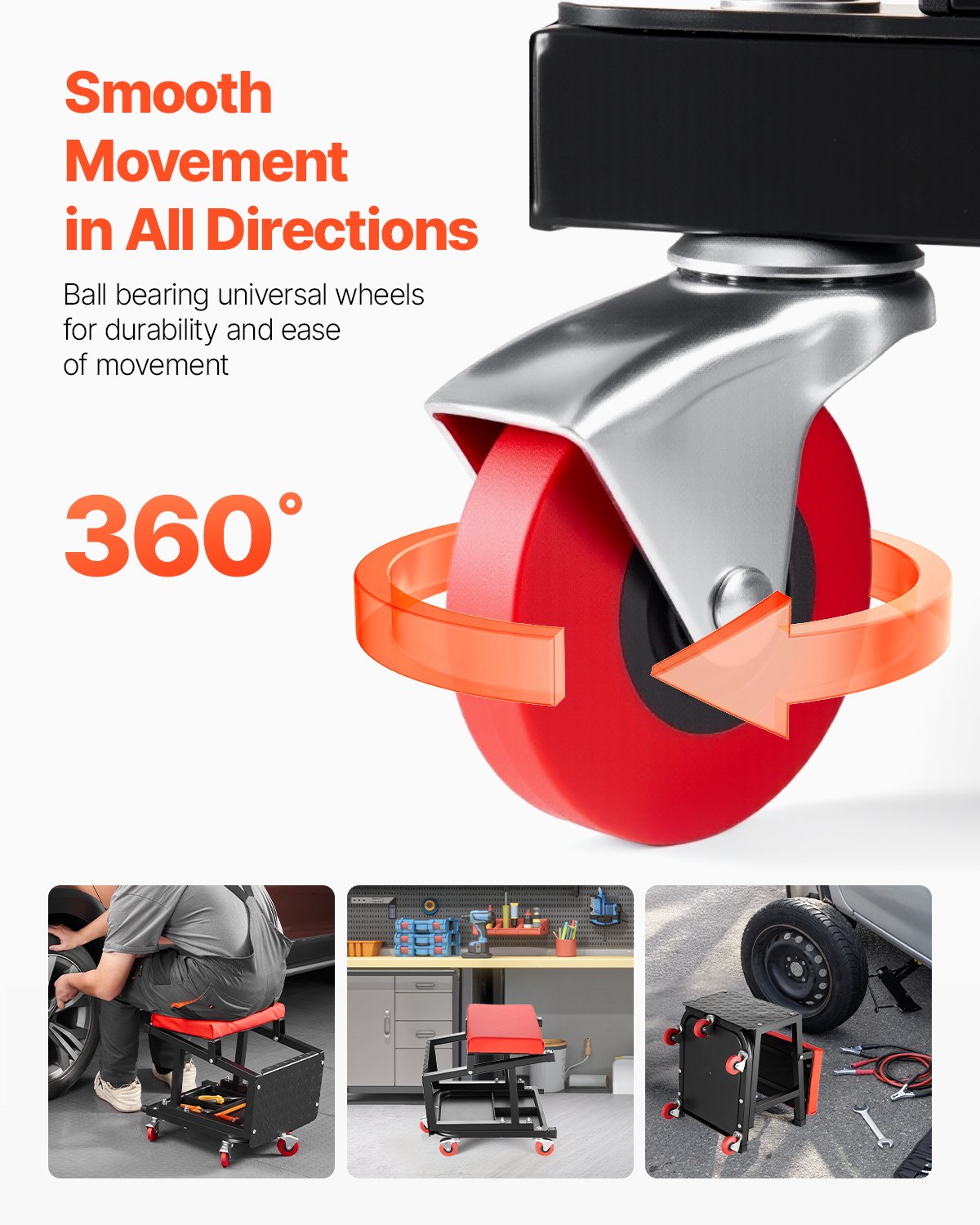 VEVOR Mechaniczny stołek warsztatowy z siedziskiem garażowym (nośność 136 kg) z kółkami, obrotowy stołek warsztatowy 360° z miejscem na narzędzia, stołek schodkowy do warsztatu samochodowego