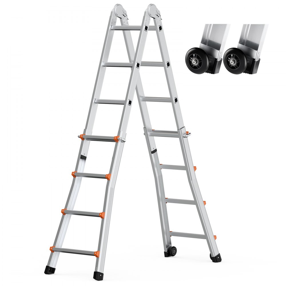 VEVOR Telescopic Ladder with A-Frame, 4 m Aluminum Extension Ladder, Multifunctional Folding Campervan Ladder, Telescopic Ladder for Homework, Stairs, Indoor & Outdoor Roofs, 150 kg Load Capacity