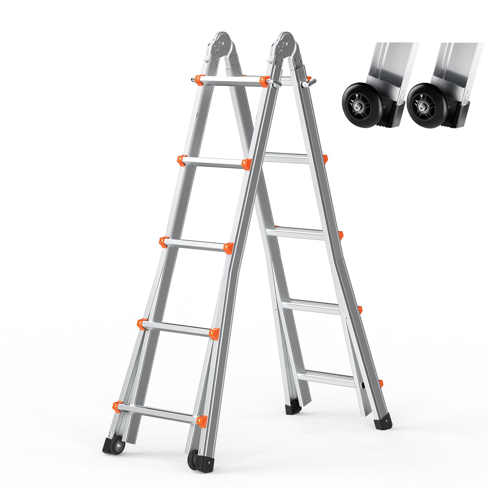 VEVOR Telescopic Ladder with A-Frame, 5120 mm, Compact Aluminum Extension Ladder, Multifunctional, Foldable Campervan Ladder, for Homework, Stairs, Indoor and Outdoor Roofs, 150 kg Load Capacity