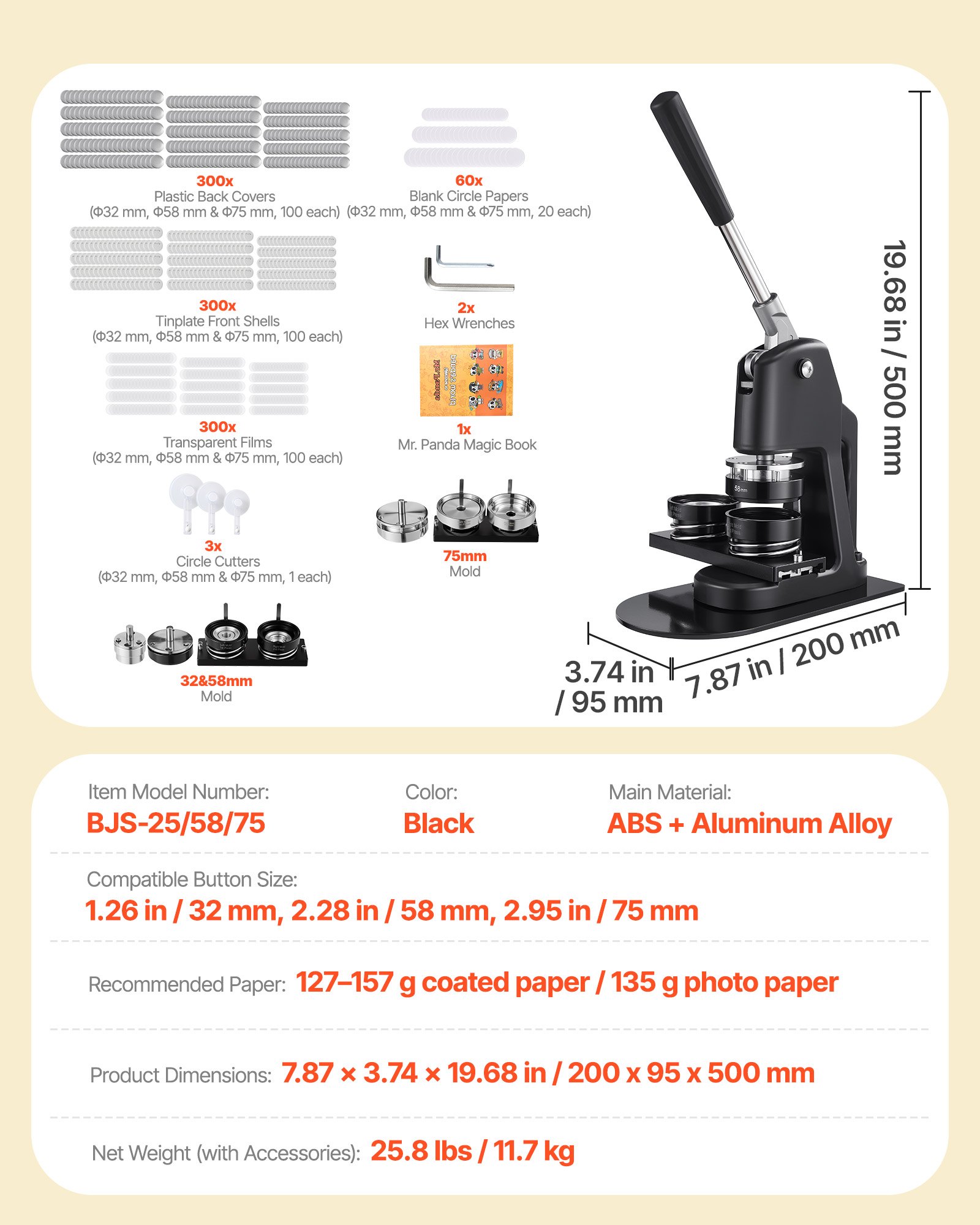 Prasa do dziurkowania znaczków VEVOR 32/58/75 mm, maszyna do robienia znaczków z 300 elementami do guzików, wycinarką kółek, księgą zaklęć i wzmocnionym ergonomicznym uchwytem, ​​maszyna do samodzielnego robienia znaczków, czarna