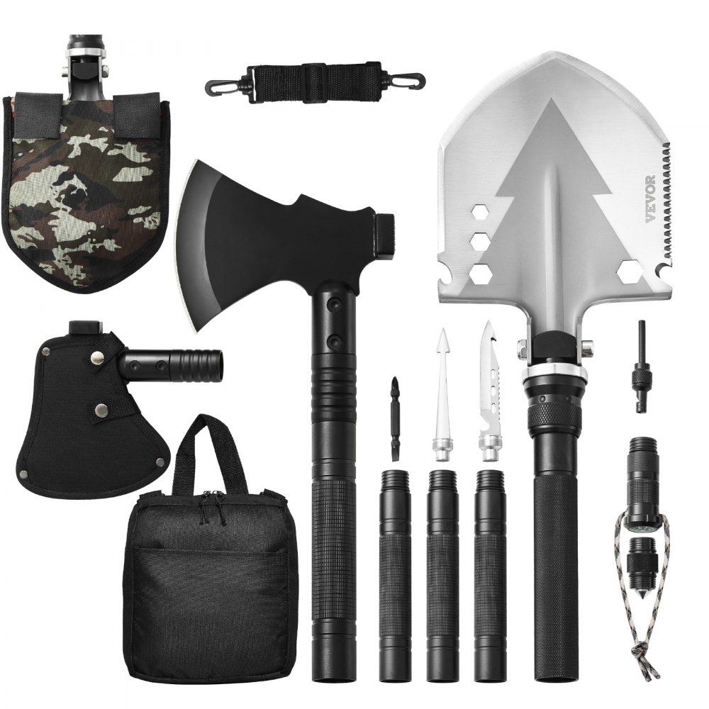 VEVOR Survival Shovel Survival Axe, 16 w 1 składana łopata kempingowa z siekierą, połączenie łopaty i siekiery ze stali nierdzewnej, wielofunkcyjny sprzęt do przetrwania w sytuacjach awaryjnych na kempingu i podczas pieszych wędrówek