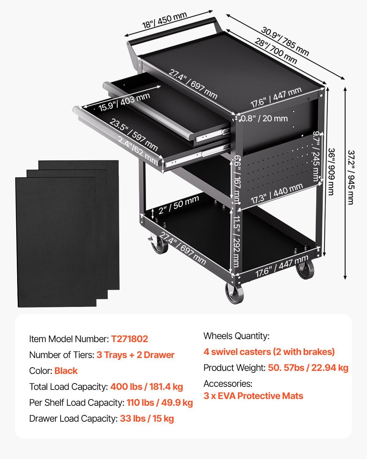 Wózek narzędziowy VEVOR 785 x 450 x 945 mm, ładowność 181 kg, wózek warsztatowy z 2 szufladami, organizer do przechowywania narzędzi mechanicznych, do garażu, magazynu i warsztatu naprawczego, kolor czarny