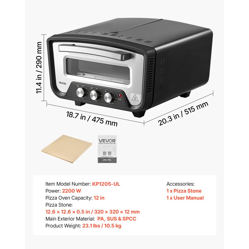 Elektryczny piec do pizzy VEVOR do pizzy o średnicy do 30,5 cm (12 cali), 2200 W, 430°C. Idealny do kuchni i restauracji, obudowa ze stali walcowanej na zimno, oddzielna regulacja temperatury i czasu, z kamieniem do pizzy.