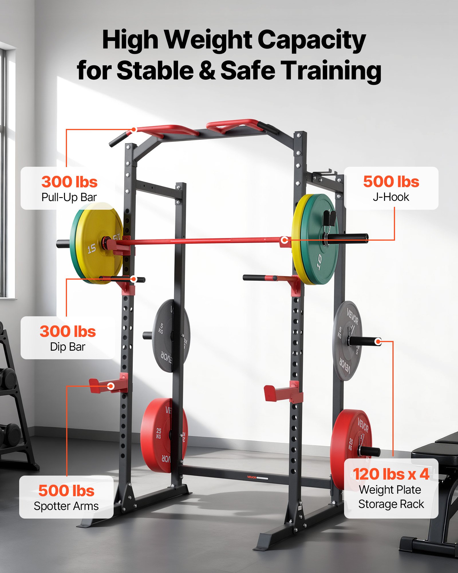 VEVOR Power Cage Power Rack, wielofunkcyjny stojak do przysiadów z regulowaną wysokością, domowy sprzęt do ćwiczeń siłowych z hakami J i innymi przystawkami do ćwiczeń, do wyciskania na ławce, podciągania, dipów
