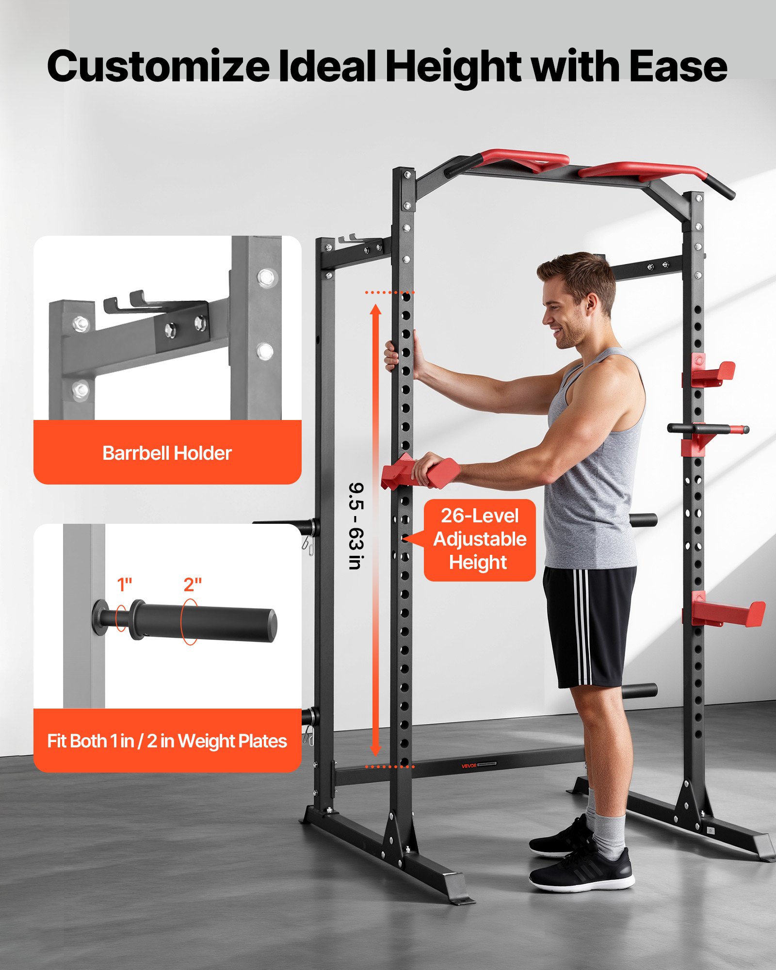 VEVOR Power Cage Power Rack, wielofunkcyjny stojak do przysiadów z regulowaną wysokością, domowy sprzęt do ćwiczeń siłowych z hakami J i innymi przystawkami do ćwiczeń, do wyciskania na ławce, podciągania, dipów