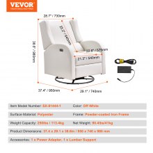 Elektryczny fotel rozkładany VEVOR z funkcją obrotu i przesuwania, nośność 250 funtów, obrotowy fotel rozkładany z możliwością obrotu i regulowanym kątem, z powierzchnią poliestrową do salonu, sypialni, kremowo-biały