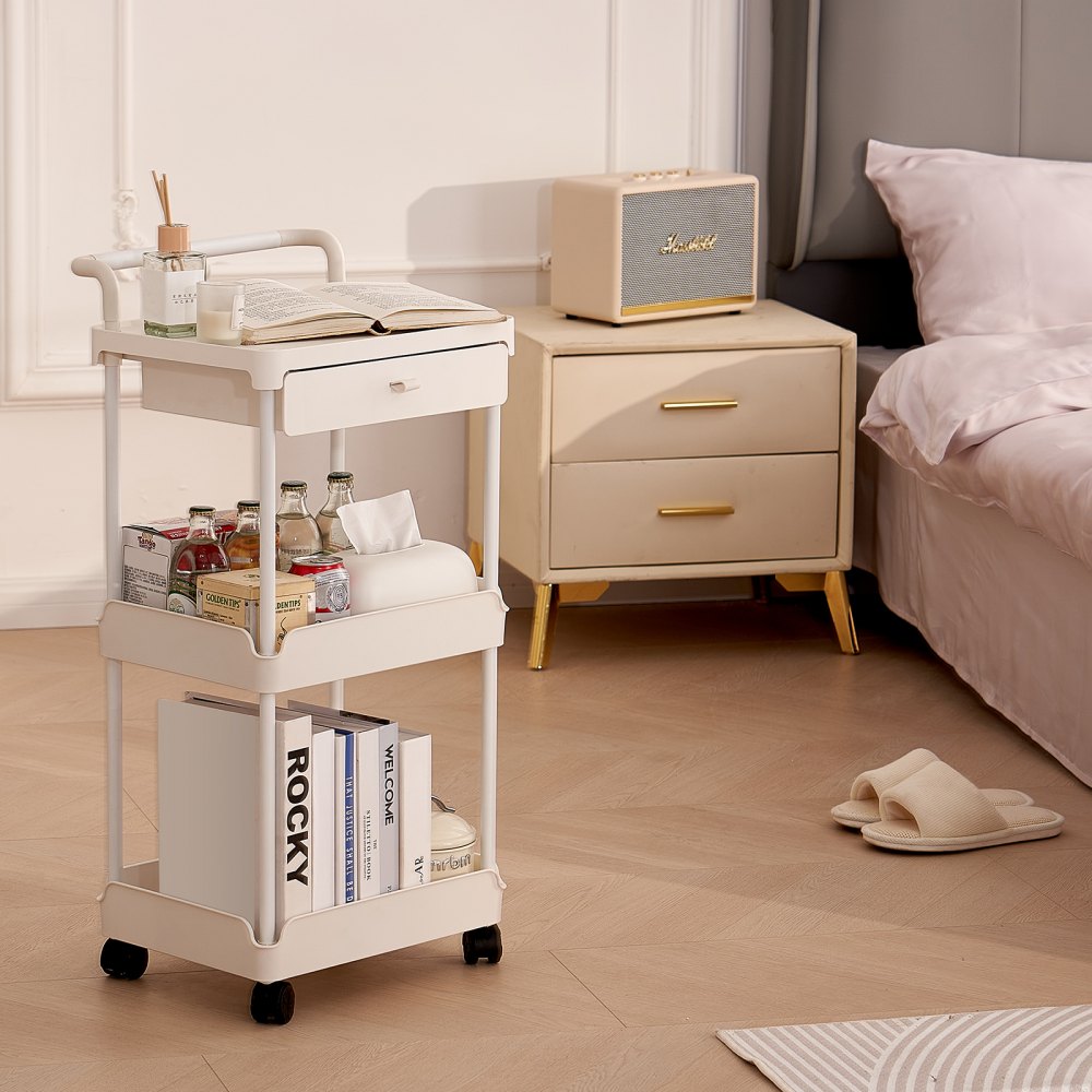 Wózek na kółkach VEVOR, wózek kuchenny z 3 poziomami, półka kuchenna, półka wnękowa na kółkach, półka łazienkowa, 370 x 331 x 760,8 mm, wózek do przechowywania, nośność 45 kg, wózek wielofunkcyjny, biały, wózek do sprzątania, wózek do serwowania