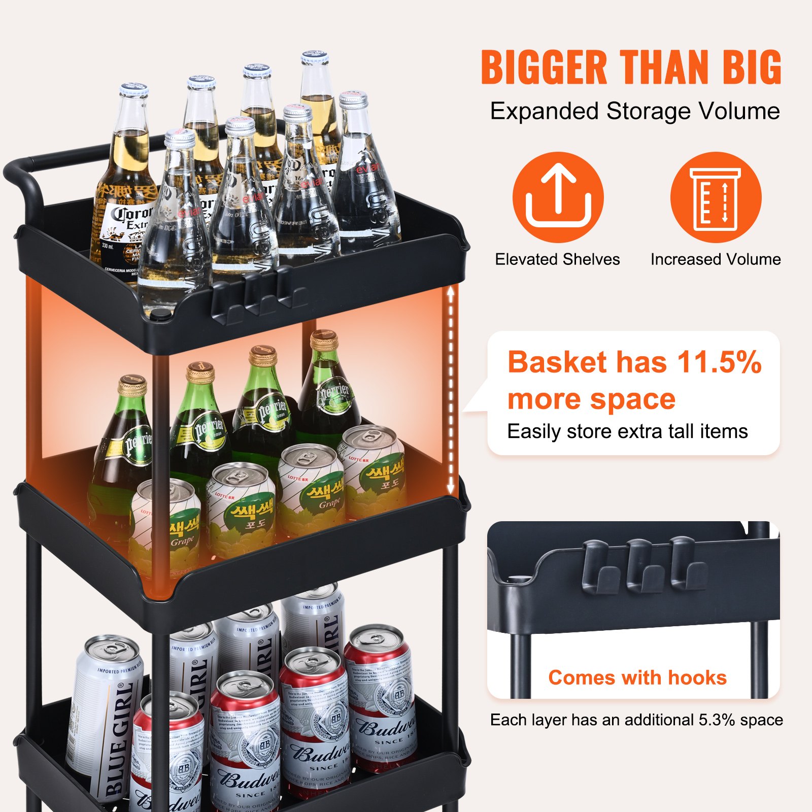 Wózek VEVOR na kółkach, wózek kuchenny z 4 poziomami, półka kuchenna, półka wnękowa z kółkami, półka łazienkowa 370x355x1065 mm Wózek magazynowy o udźwigu 60 kg Wózek wielofunkcyjny Czarny wózek do sprzątania Wózek do serwowania