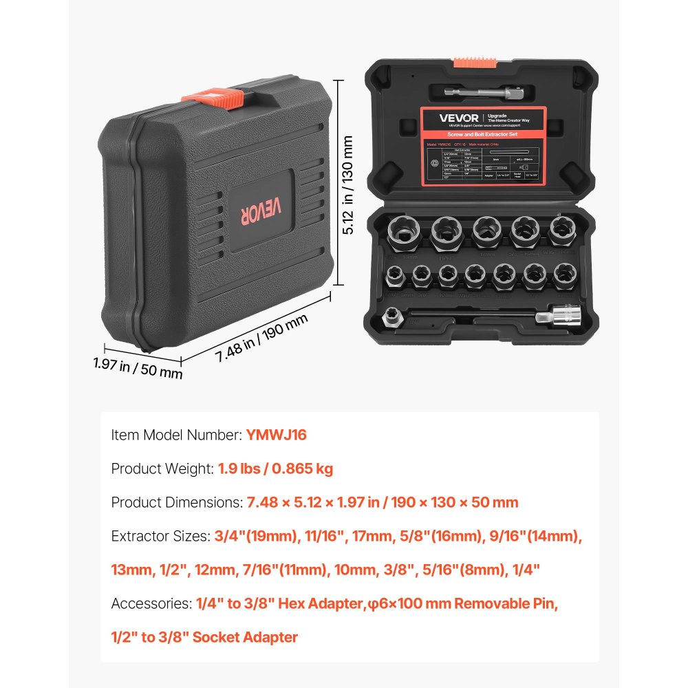 VEVOR 16-częściowy zestaw wykrętaków do śrub. Wykrętaki do śrub z adapterami, wykrętaki do trzpieni i solidna walizka. Wykonane ze stali chromowo-molibdenowej do usuwania śrub, nakrętek i wkrętów.