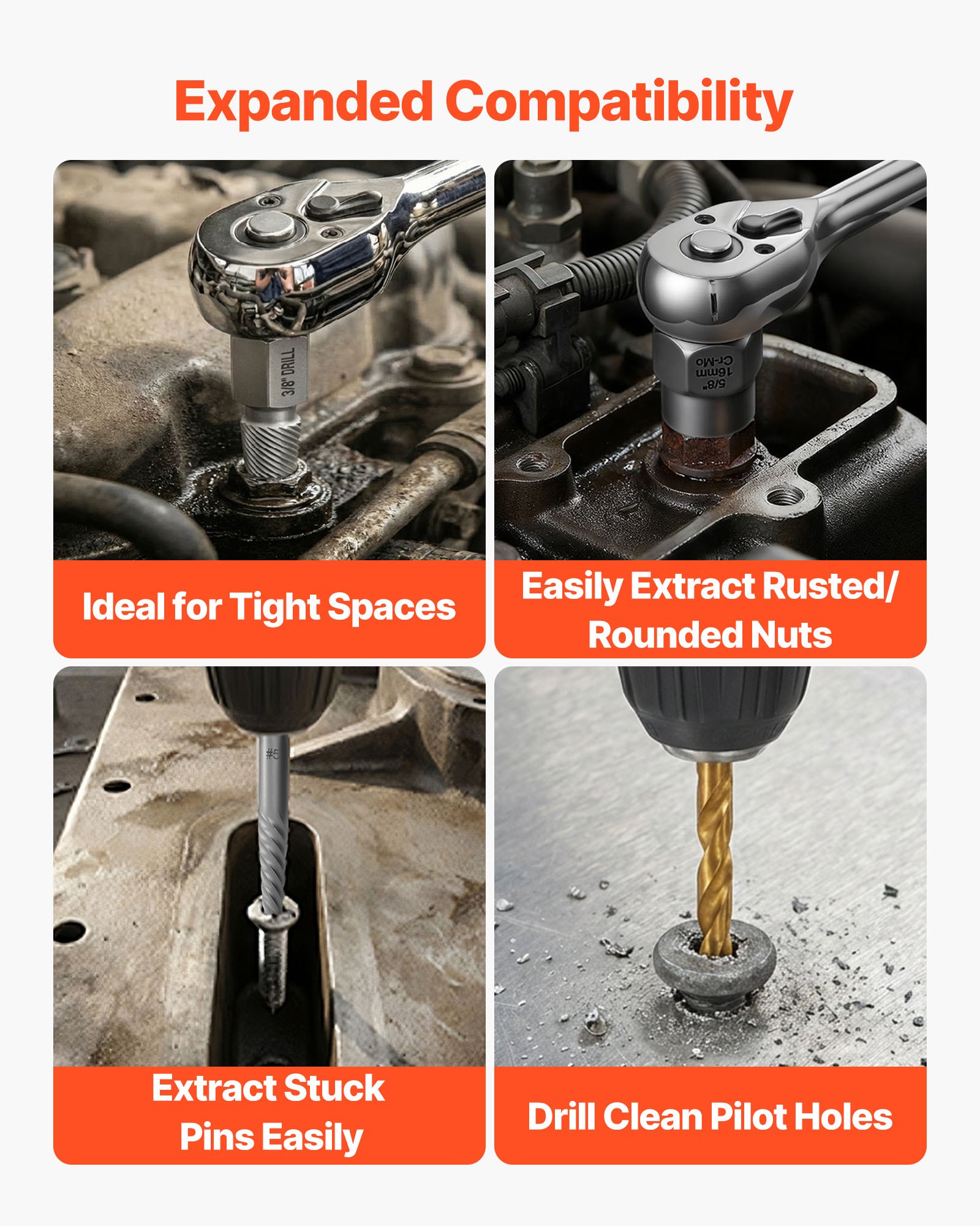 Zestaw wykrętaków do śrub VEVOR, 63 elementy. Wykrętaki do śrub z wykrętakami do nakrętek i śrub, przecinakami do nakrętek, gwintownikami, wiertłami, kluczami, adapterami i walizką.