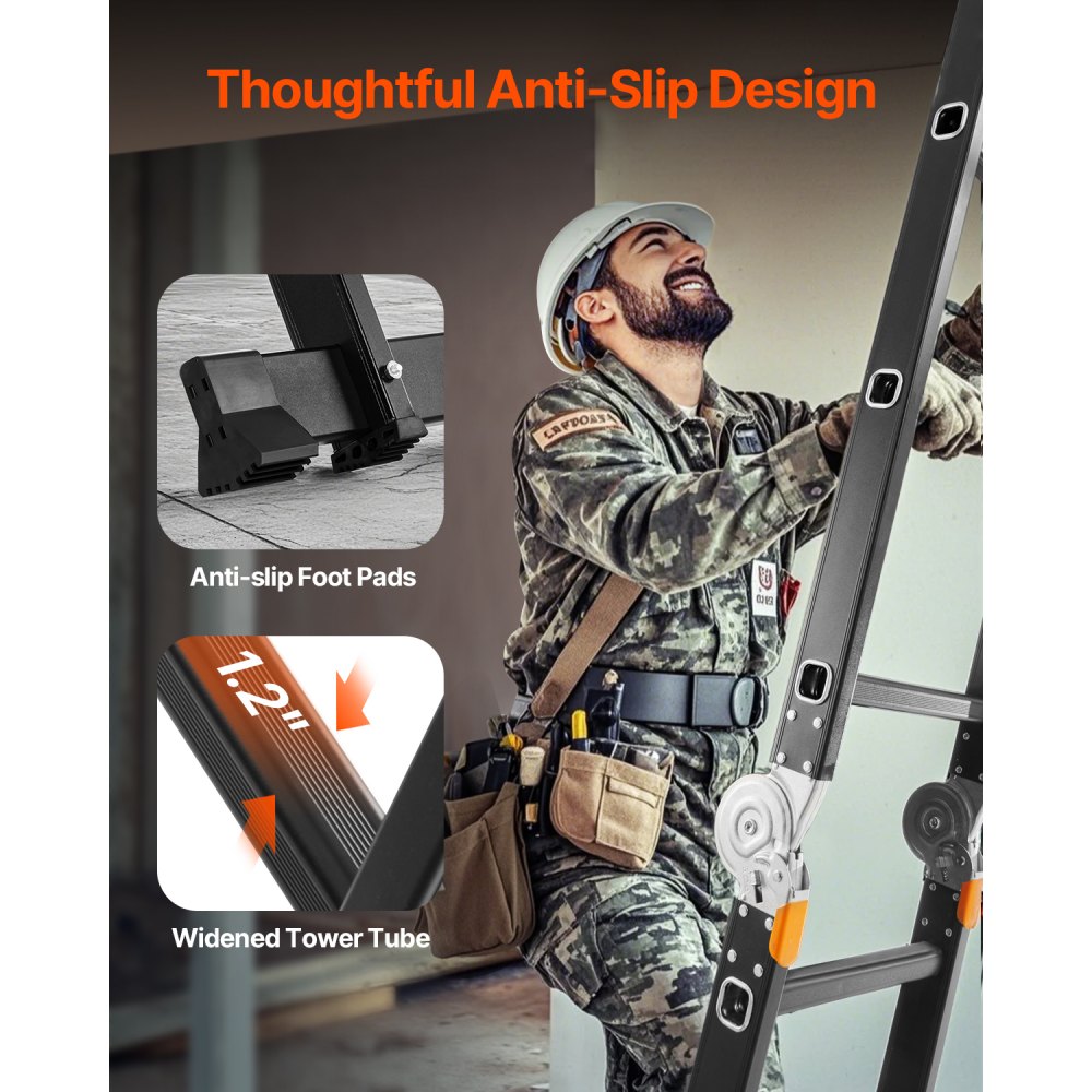 Drabina wielofunkcyjna VEVOR, drabina wielofunkcyjna 7 w 1, drabina teleskopowa z ramą w kształcie litery A, 5 stopni, rama drabiny 5800 mm, regulowana, wytrzymała, udźwig 150 kg, do użytku na zewnątrz