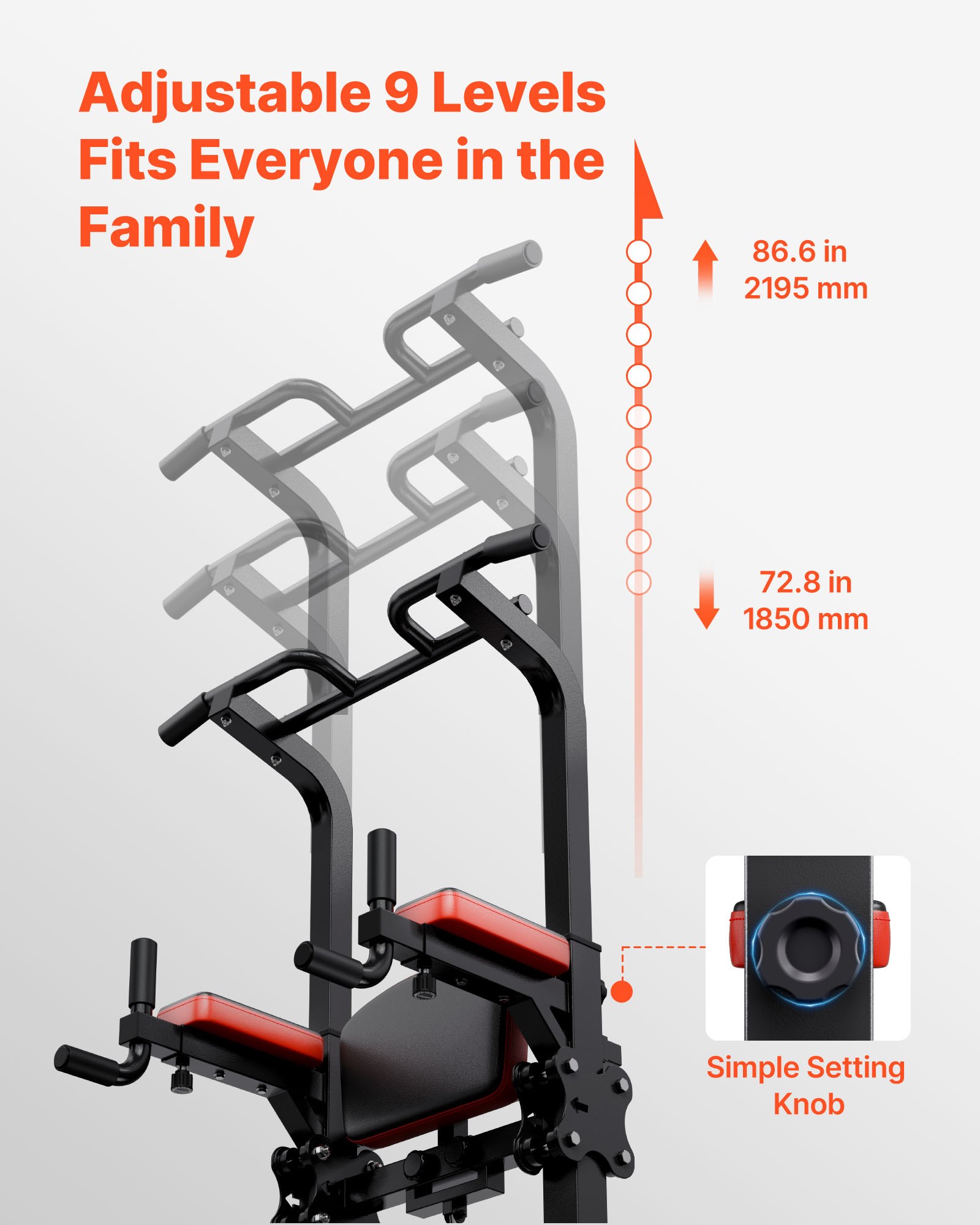 Drążek do podciągania VEVOR, stacja do podciągania, stacja do dipów o udźwigu 150 kg i konstrukcji w kształcie litery H, stabilna podstawa i platforma podporowa, 9-stopniowa regulacja wysokości, trening ramion i pleców