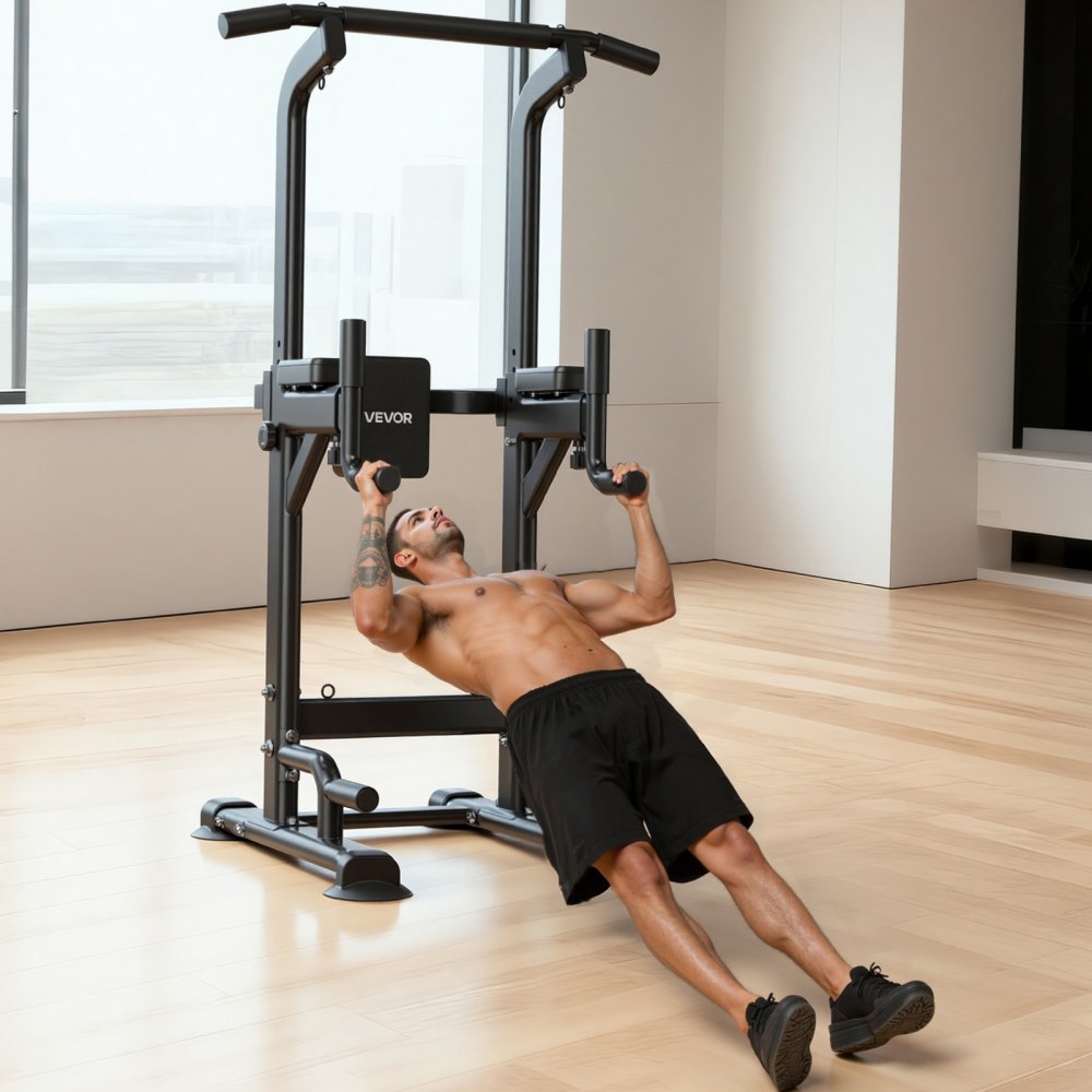 Drążek do podciągania VEVOR, stacja do podciągania, wieża mocy, stacja do dipów o udźwigu 150 kg, wolnostojący z konstrukcją ramy H i wyściółką pleców, 12-stopniowa regulacja wysokości, trening ramion, pleców i klatki piersiowej
