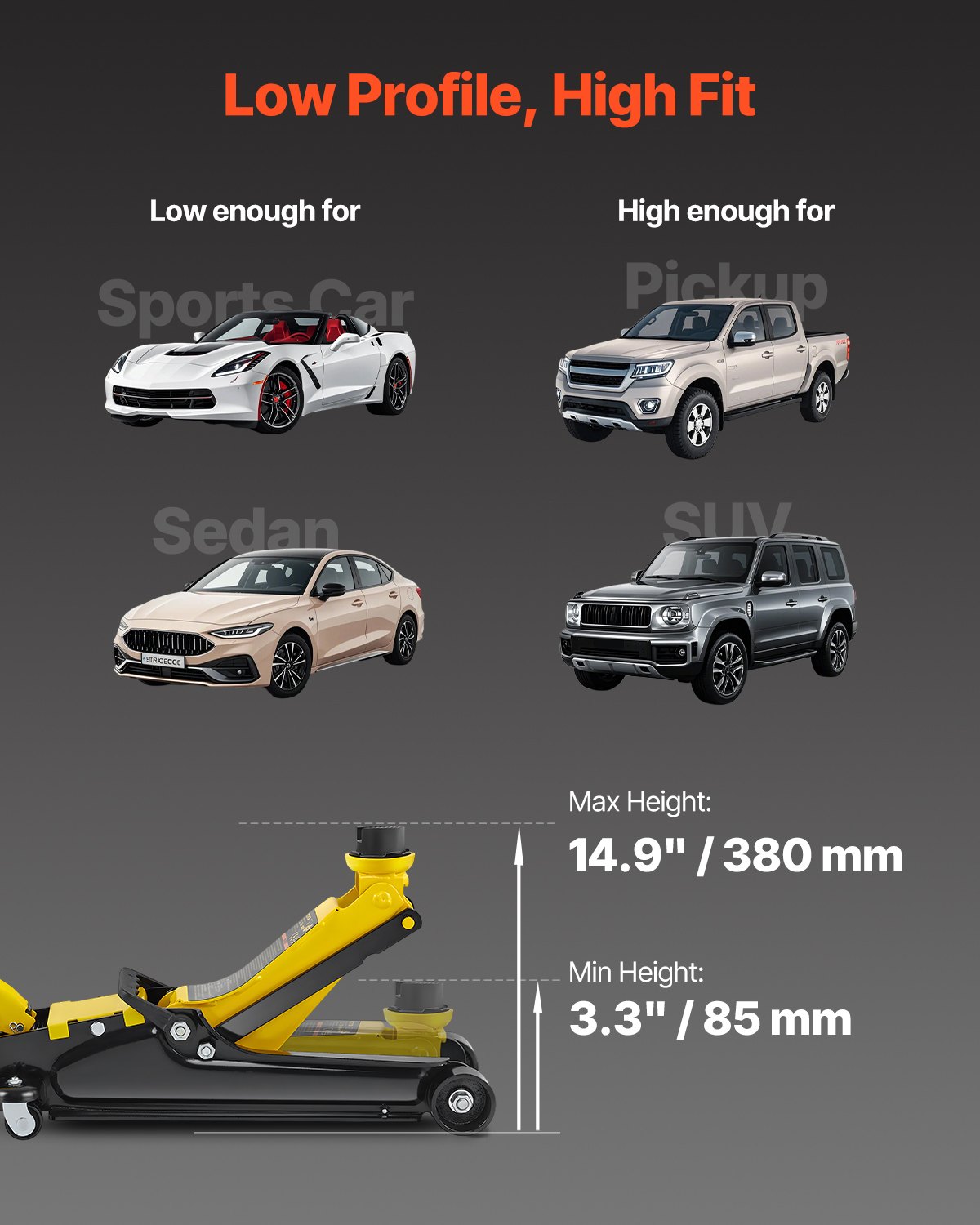 Podnośnik hydrauliczny VEVOR, podnośnik nożycowy o udźwigu 2,5 t, zakres wysokości podnoszenia 85–380 mm, podnośnik hydrauliczny z pojedynczym tłokiem, podnośnik samochodowy do samochodów osobowych, ciężarówek, SUV-ów itp.