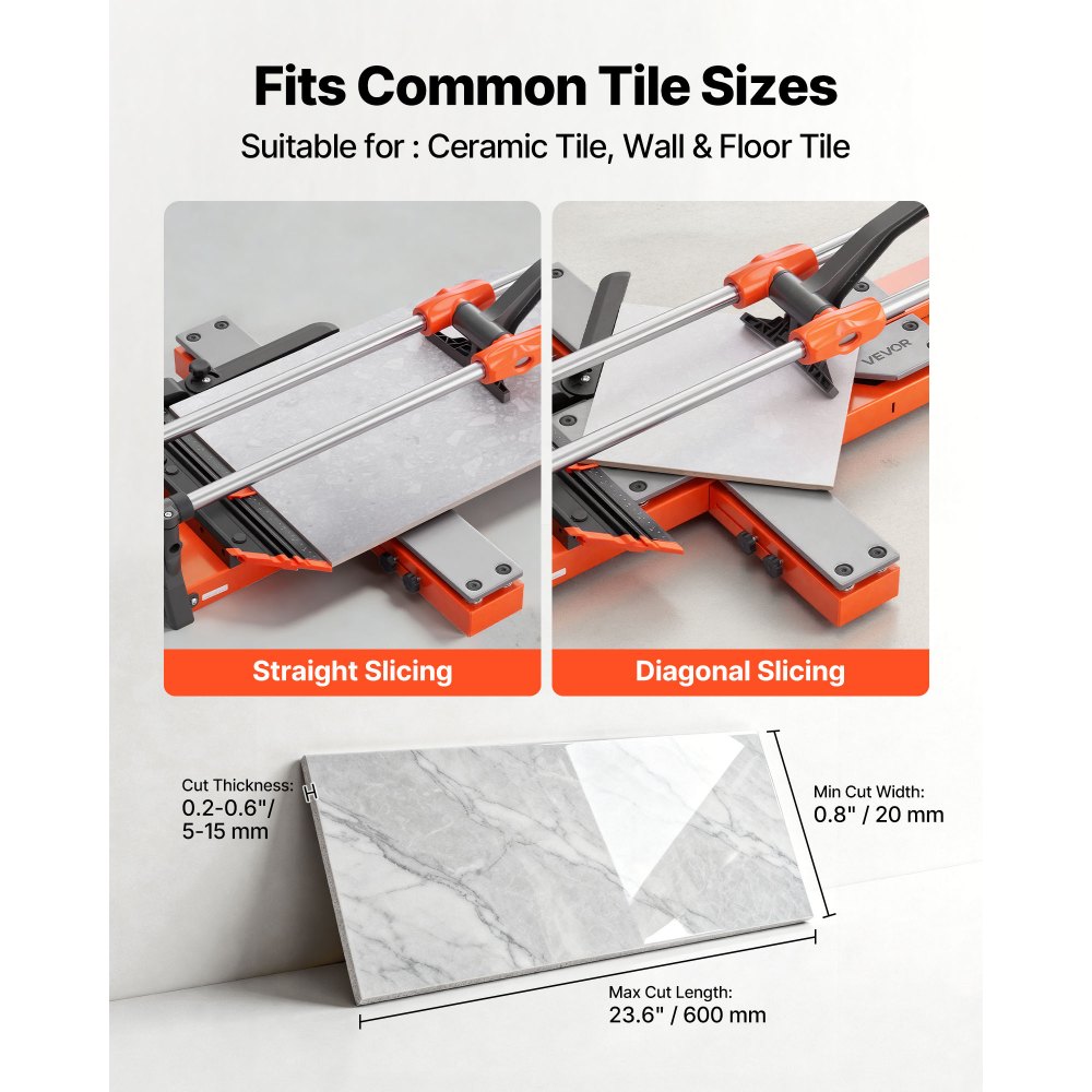 Przecinarka do płytek VEVOR 600 mm, maszyna do cięcia płytek z przesuwną głowicą tnącą i sprężynową podstawą, ogranicznikiem kątowym, tarczą tnącą z węglika wolframu, pomocnikiem do wyrównywania, do płytek ceramicznych