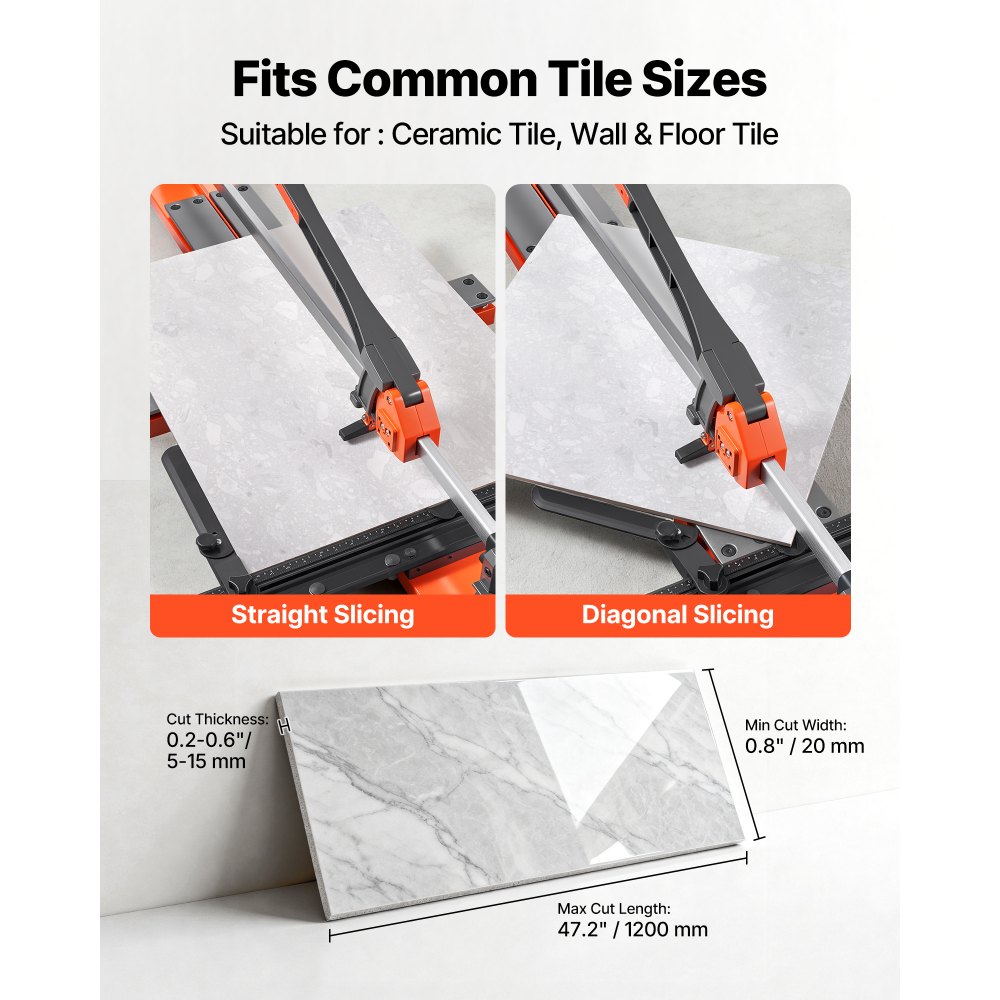 Przecinarka do płytek VEVOR 1200 mm, maszyna do cięcia płytek z podstawą sprężynową i regulowanym ogranicznikiem kąta, tarcza tnąca z węglika wolframu, precyzyjne narzędzie do wyrównywania, do płytek ceramicznych