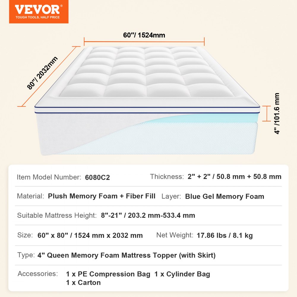 VEVOR mattress topper, queen size, 101.6 mm thick, memory foam, fiber filling, removable & washable, ergonomically designed for pressure relief, pleasantly cooling & breathable, 1524 x 2032 mm