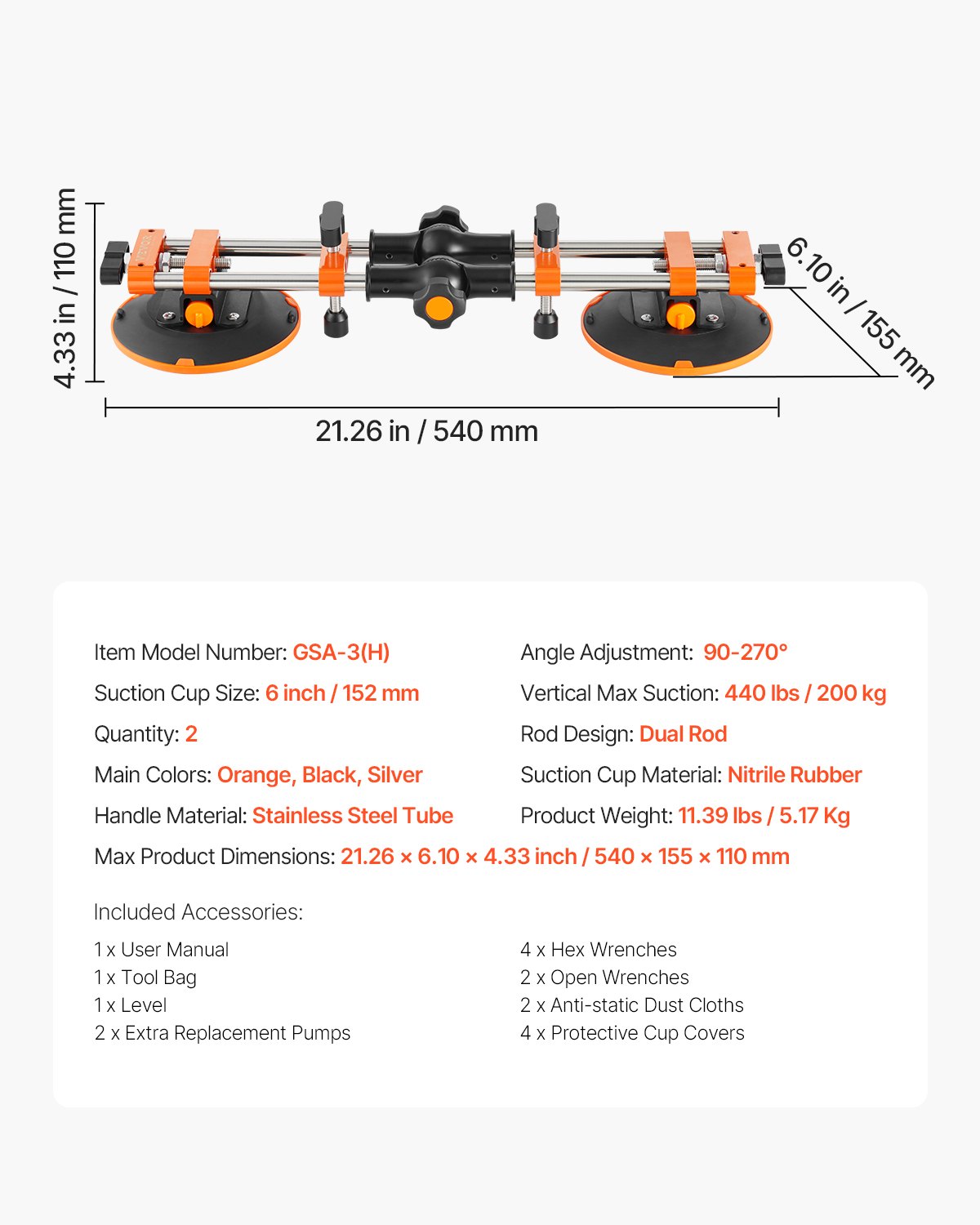 VEVOR Seam Setter, 2-pakowy łącznik granitowy z przyssawkami próżniowymi 152 mm, łącznik do łączenia i poziomowania spoin, regulowany w zakresie 90°-120°, idealny do płytek i płyt marmurowych
