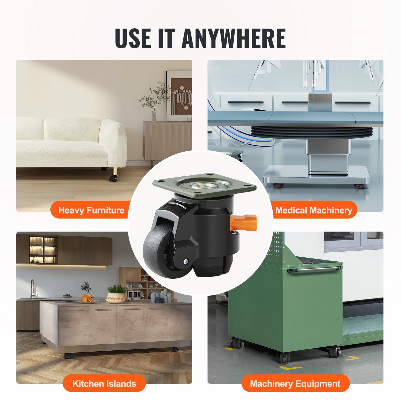Zestaw 4 obrotowych kółek VEVOR φ50,8 mm, kółka meblowe, kółka transportowe z regulacją wysokości, udźwig 0,5 tony, wytrzymałe kółka nylonowe, kółka poziomujące, rolki nośne do półek drewnianych, stoły warsztatowe