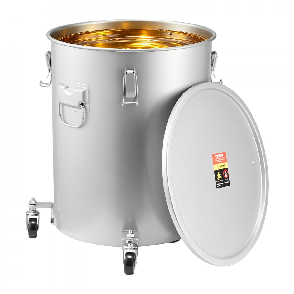 VEVOR Deep Fryer Oil Bucket/Disposal Container 60.5 L with Wheeled Base, Stainless Steel Coating, Oil Transport Container with Lid, Filter Bag for Filtering Hot Cooking Oil, Grey