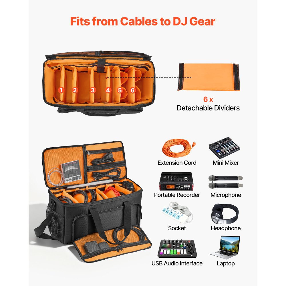 Torba na kable DJ-skie VEVOR 540 x 240 x 260 mm, torba DJ-ska z 6 wyjmowanymi przegrodami, wyściełanym dnem, 3 kieszeniami zewnętrznymi, kółkami i uchwytami, 1680D, torba na kable do sprzętu DJ-skiego, instrumentów muzycznych i akcesoriów