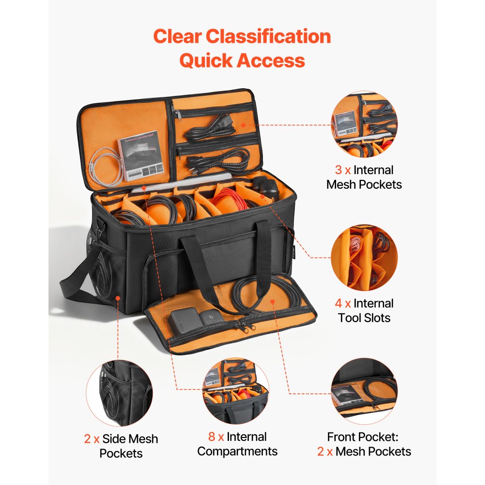 Torba na kable DJ-skie VEVOR 540 x 240 x 260 mm, torba DJ-ska z 6 wyjmowanymi przegrodami, wyściełanym dnem, 3 kieszeniami zewnętrznymi, kółkami i uchwytami, 1680D, torba na kable do sprzętu DJ-skiego, instrumentów muzycznych i akcesoriów