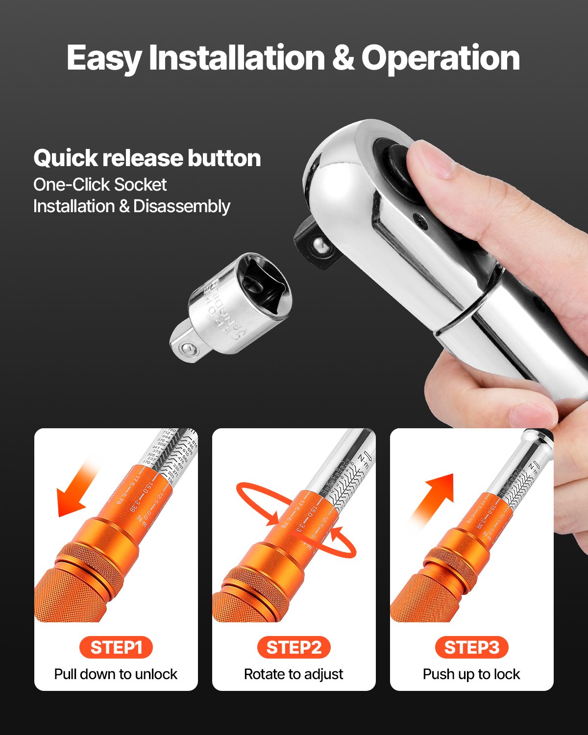 Klucz dynamometryczny VEVOR Click, napęd 3/4 cala, 136-814 Nm, zestaw kluczy dynamometrycznych dwukierunkowych ze skalą dwuzakresową, 48 zębów ±3%, stal stopowa o wysokiej precyzji do napraw samochodowych, pomarańczowy