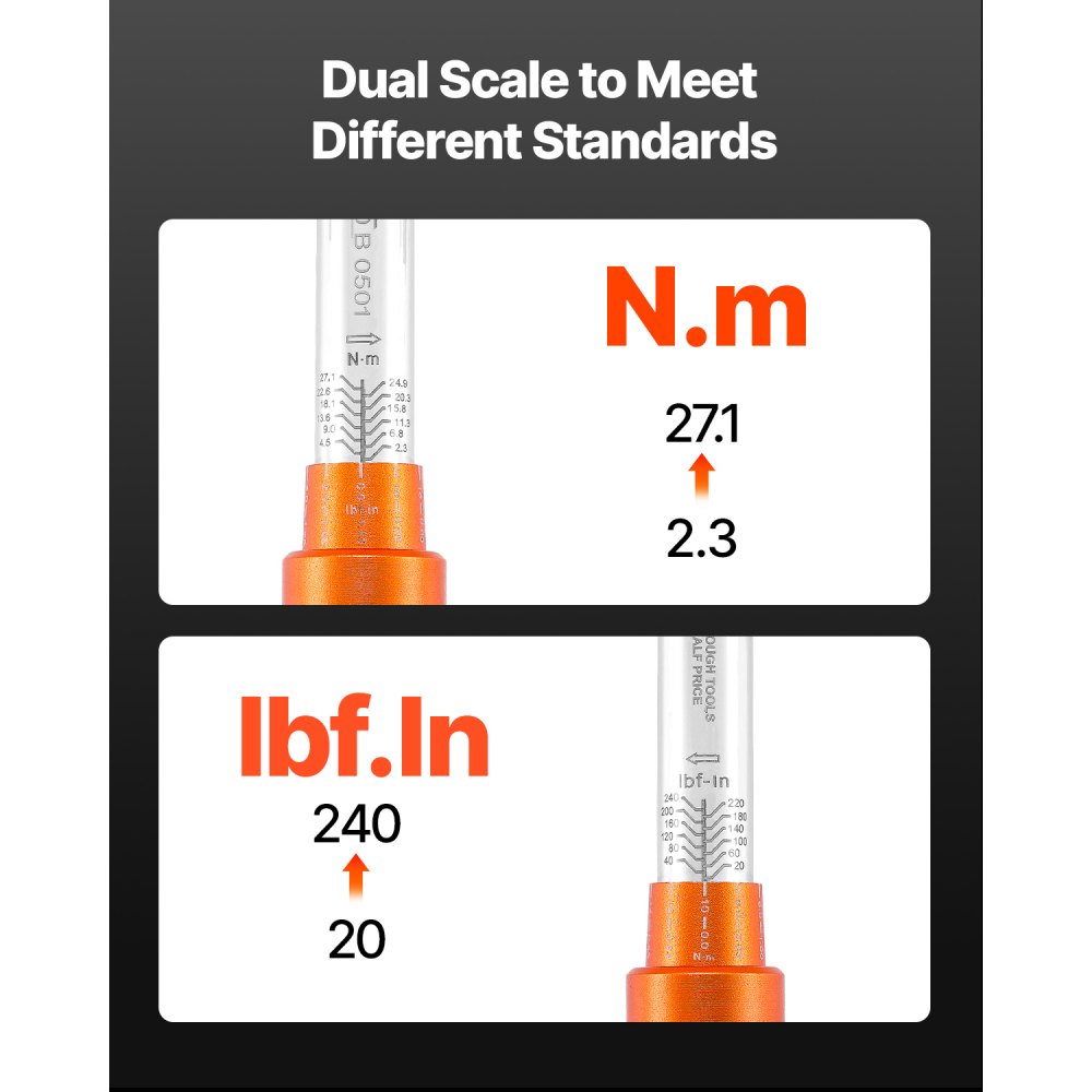Klucz dynamometryczny VEVOR Click z napędem 1/4 cala 2,3-27,1 Nm, dwukierunkowy klucz dynamometryczny z przedłużkami i wiertłem, 72 zęby ±3%, wysoka precyzja, do napraw samochodowych, pomarańczowy