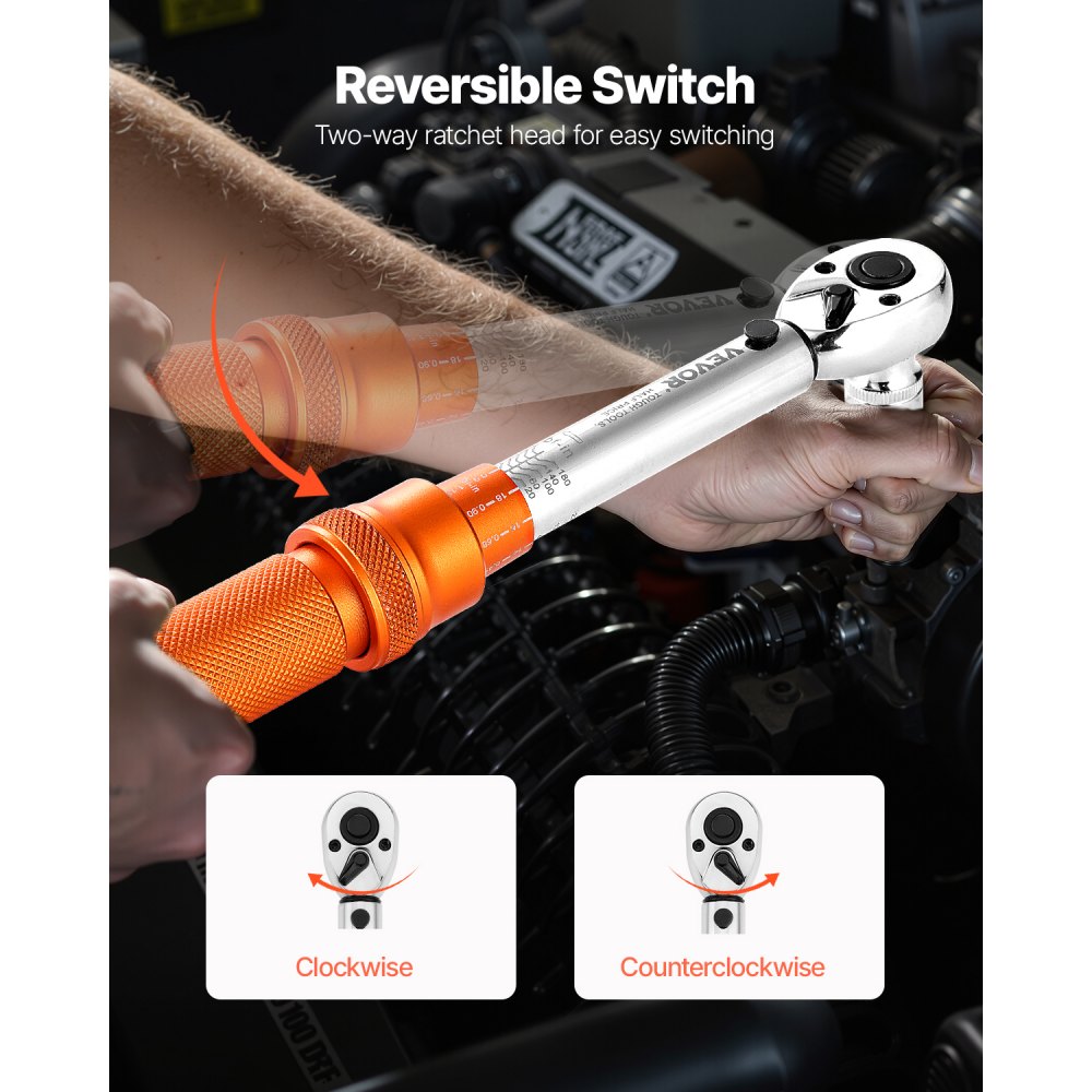 Klucz dynamometryczny VEVOR Click z napędem 1/4 cala, 2,3-22,6 Nm, dwukierunkowy zestaw kluczy dynamometrycznych ze skalą dwuzakresową, 72 zęby ±3%, stal stopowa o wysokiej precyzji do napraw samochodowych