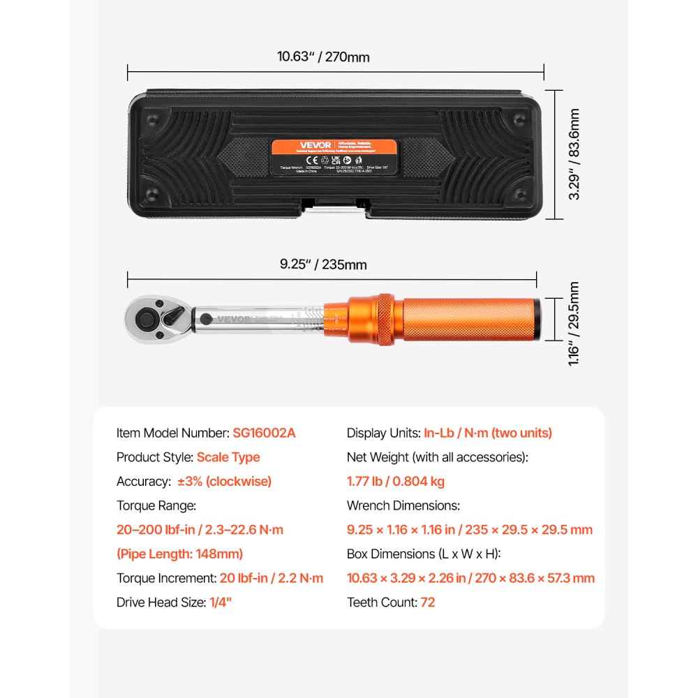 Klucz dynamometryczny VEVOR Click z napędem 1/4 cala, 2,3-22,6 Nm, dwukierunkowy zestaw kluczy dynamometrycznych ze skalą dwuzakresową, 72 zęby ±3%, stal stopowa o wysokiej precyzji do napraw samochodowych