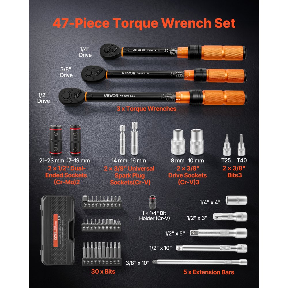 Zestaw kluczy dynamometrycznych VEVOR 1/4" 3/8" 1/2" 47 elementów, podwójna skala, dokładność ±3%, nasadki do świec zapłonowych, bity, przedłużki, etui do przechowywania napraw samochodowych