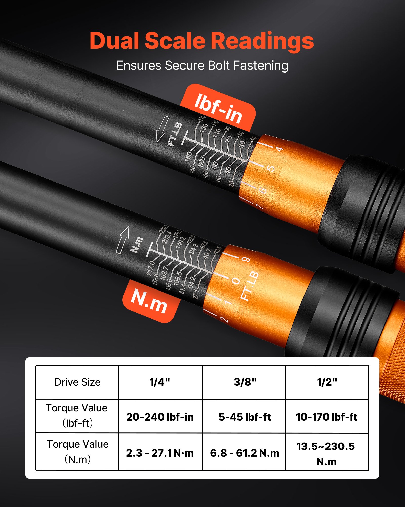Zestaw kluczy dynamometrycznych VEVOR 1/4" 3/8" 1/2" 47 elementów, podwójna skala, dokładność ±3%, nasadki do świec zapłonowych, bity, przedłużki, etui do przechowywania napraw samochodowych