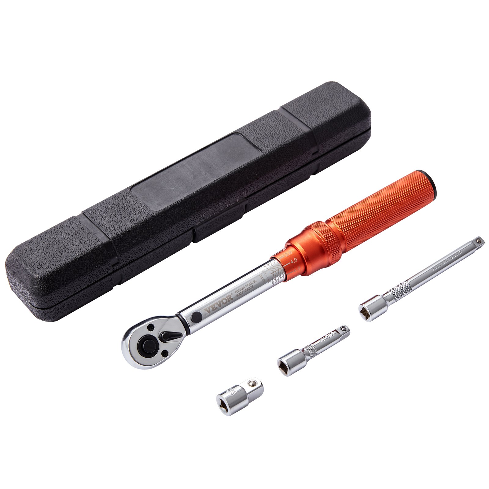 Klucz dynamometryczny VEVOR 1/4", 2,3-23 Nm, zestaw do rowerów i motocykli, dokładność błędu ± 3%, 2 przedłużacze 127 i 76,2 mm, adapter 1/2-1/4", regulowana głowica grzechotki 72 zęby