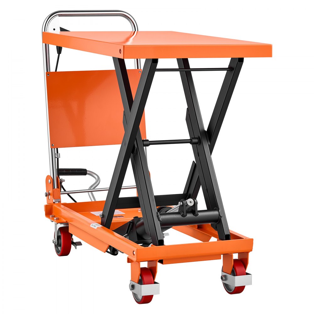 Wózek podnośnikowy hydrauliczny VEVOR, udźwig 350 kg, wysokość podnoszenia 720 mm, podnośnik nożycowy do transportu w warsztatach, magazynach i przemyśle, konstrukcja stalowa, podnośnik nożycowy pojedynczy, z 4 kołami i składaną rączką