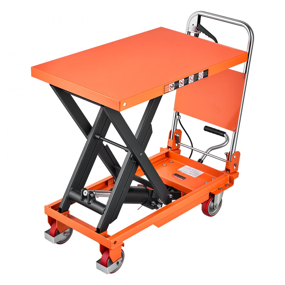 Wózek podnośnikowy hydrauliczny VEVOR, udźwig 350 kg, wysokość podnoszenia 720 mm, podnośnik nożycowy do transportu w warsztatach, magazynach i przemyśle, konstrukcja stalowa, podnośnik nożycowy pojedynczy, z 4 kołami i składaną rączką