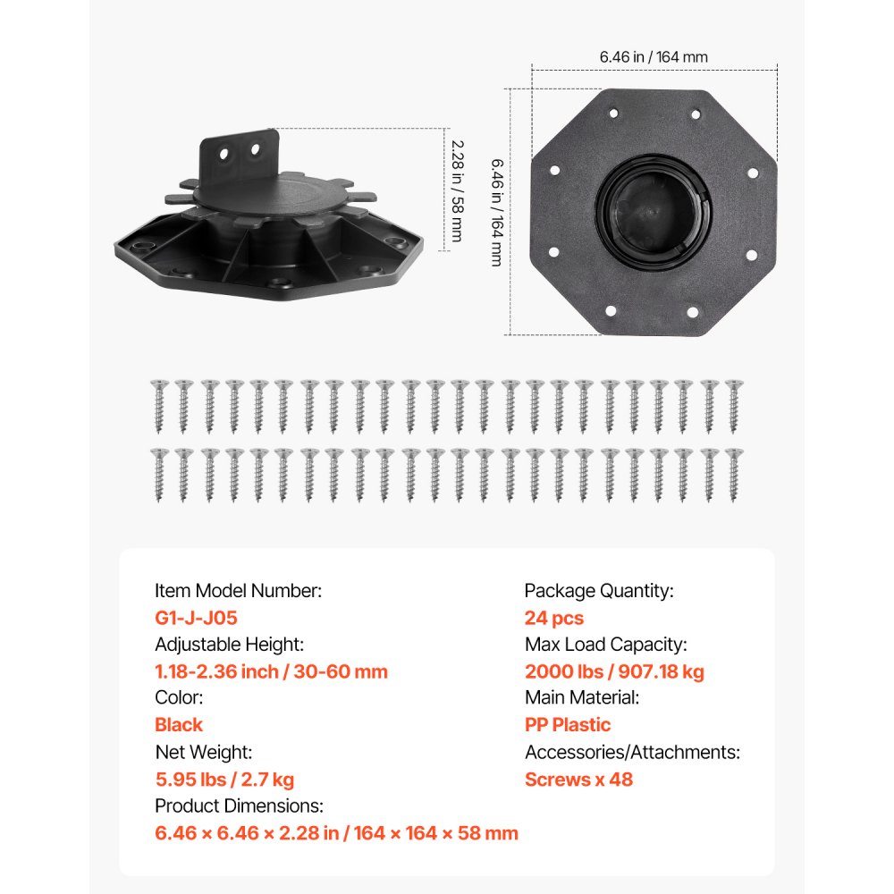 Wspornik podstawy VEVOR, wysokość regulowana od 30 do 60 mm, 24 sztuki, nośność 907,18 kg, wspornik płyty, podstawa z tworzywa sztucznego, stopka poziomująca, wspornik belki do drewna, betonu, metalu
