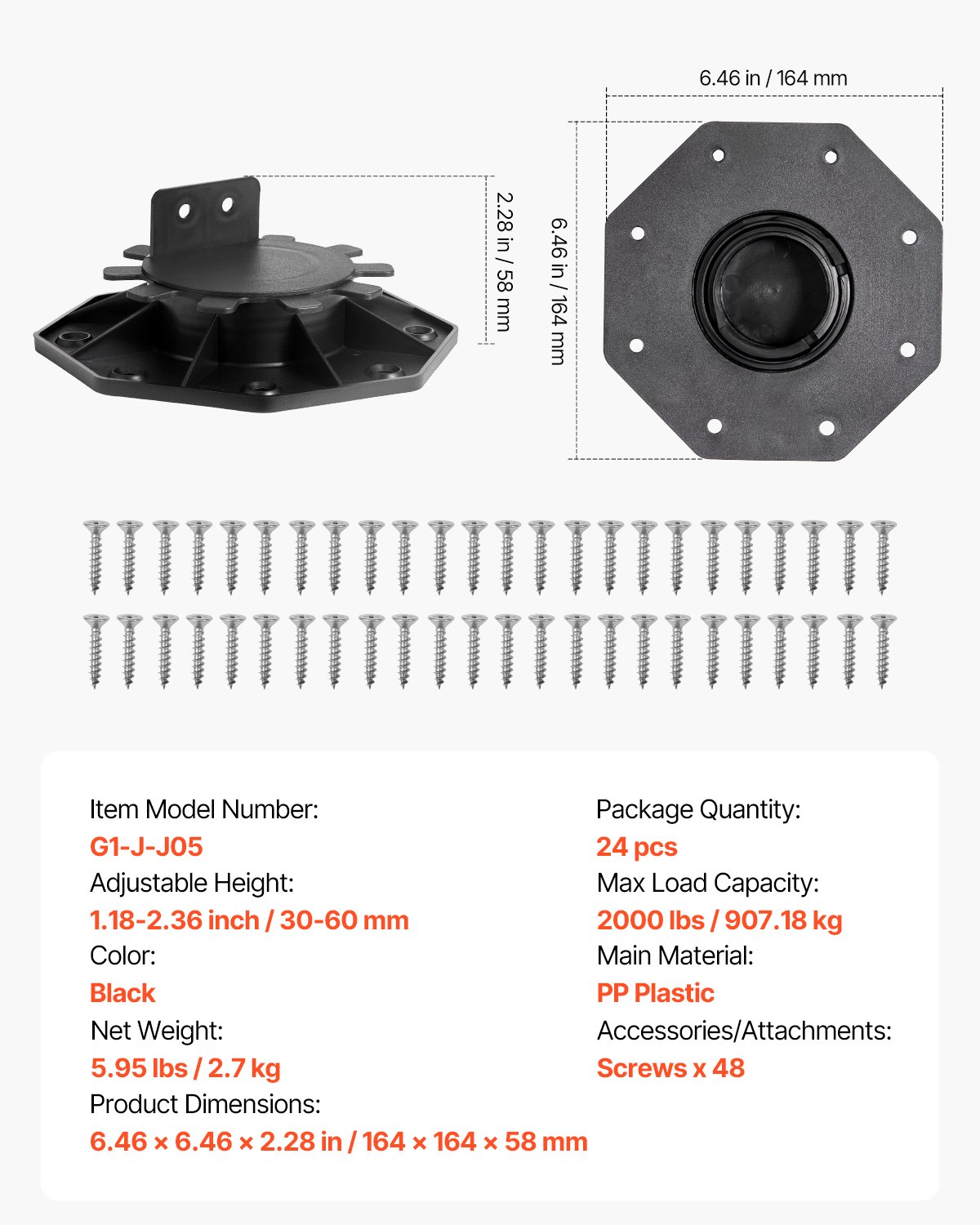 Wspornik podstawy VEVOR, wysokość regulowana od 30 do 60 mm, 24 sztuki, nośność 907,18 kg, wspornik płyty, podstawa z tworzywa sztucznego, stopka poziomująca, wspornik belki do drewna, betonu, metalu