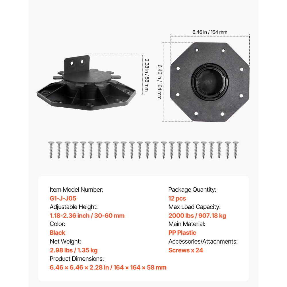 Wspornik podstawy VEVOR, wysokość regulowana od 30 do 60 mm, 12 szt. wsporników tarasowych, nośność 907,18 kg, stopka poziomująca, plastikowa podstawa do kostki brukowej, wspornik płytowy, wspornik belki do drewna, betonu, metalu