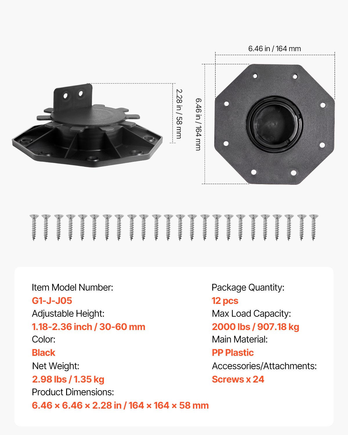 Wspornik podstawy VEVOR, wysokość regulowana od 30 do 60 mm, 12 szt. wsporników tarasowych, nośność 907,18 kg, stopka poziomująca, plastikowa podstawa do kostki brukowej, wspornik płytowy, wspornik belki do drewna, betonu, metalu