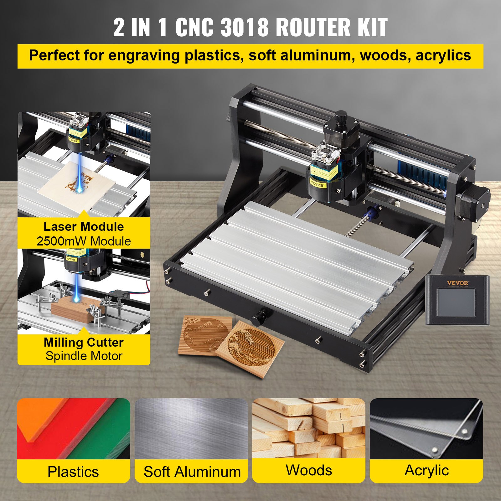 VEVOR 2500 mW CNC 3018 DIY Engraving Machine Pro 300x180x45mm Grawerka 3-osiowa Mini Laser Engraver z płytą sterującą GRBL i kontrolerem offline