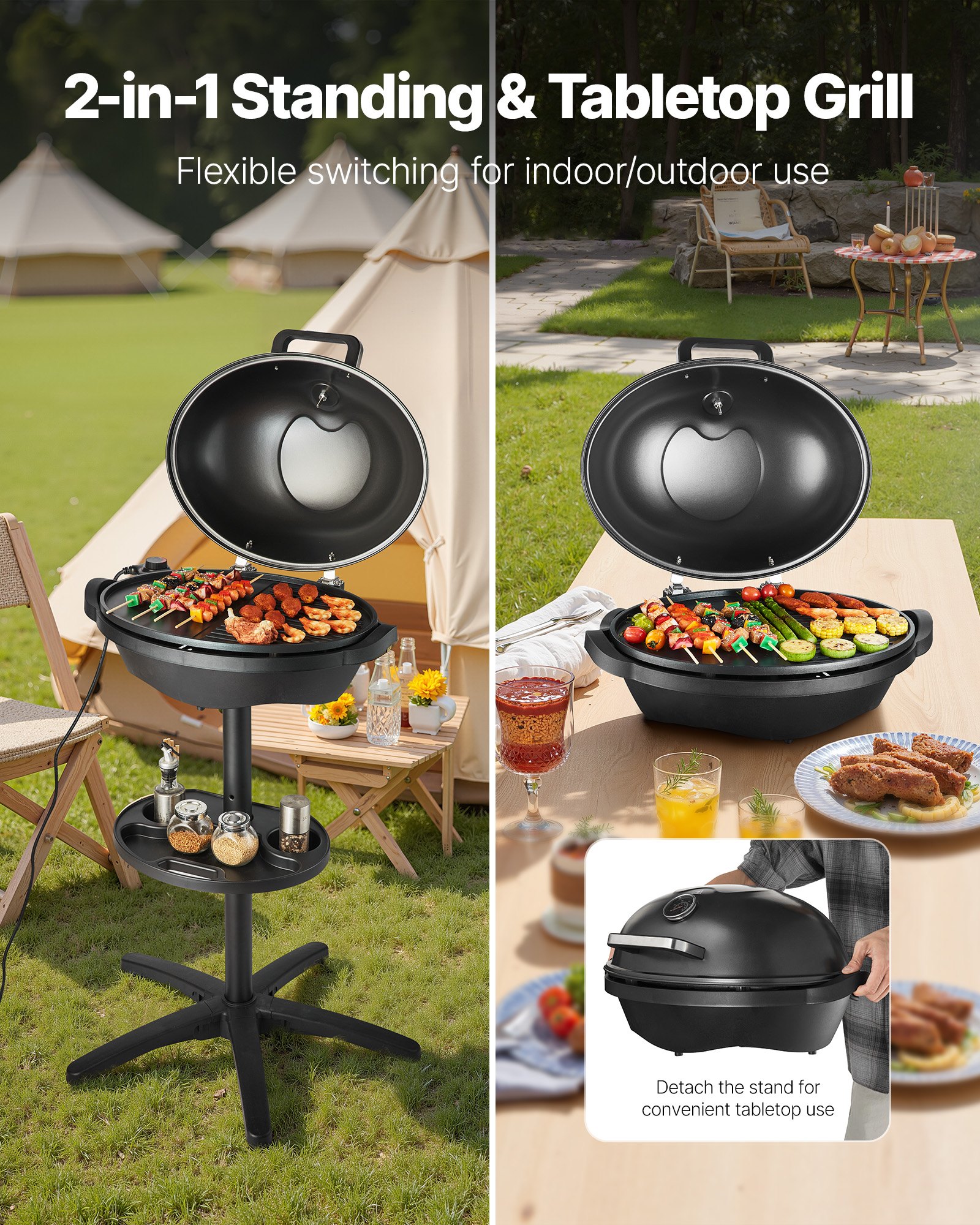 VEVOR Electric Grill 2400W, 2-in-1 Standing & Tabletop Electric BBQ Grill for Indoors Outdoors - with 50°C-350°C Adjustable Temperature & Non-stick Ceramic Coated Plate for Party Backyard Grilling