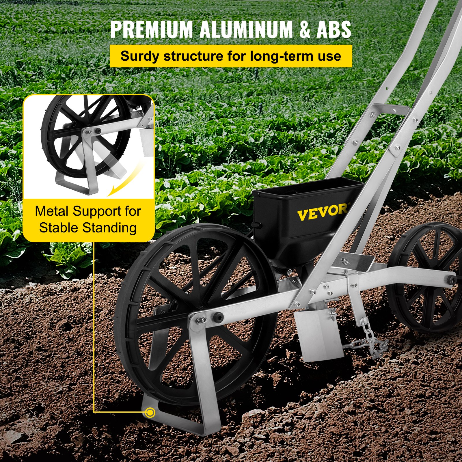 Siewnik VEVOR z aluminium i tworzywa ABS, 6 płytek do siewu, siewnik jednorzędowy, wysokość regulowana, 78-84 cm, przednie koło 6 cm, tylne koło 5 cm, idealny do nasion takich jak kukurydza, por, szpinak, marchew