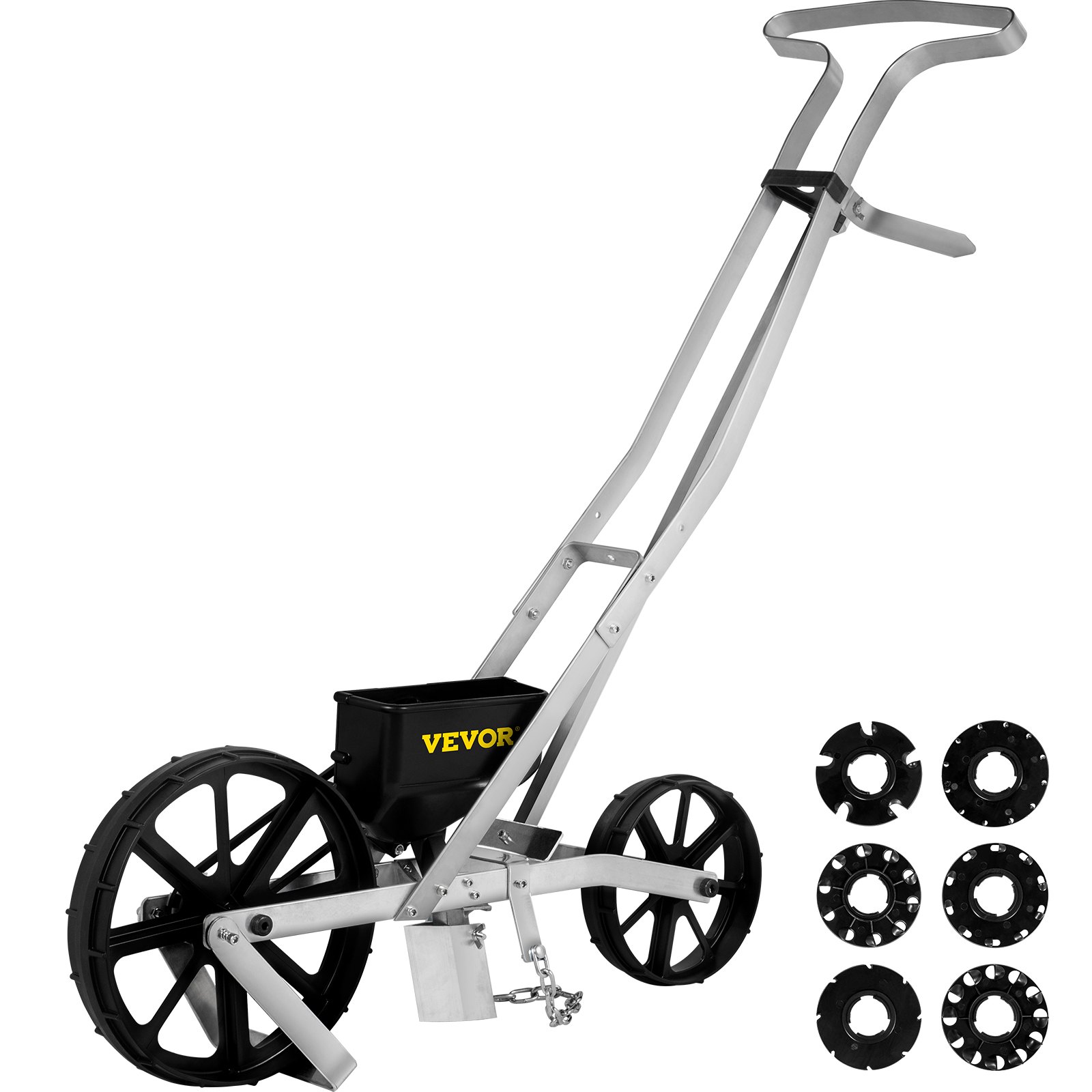 Siewnik VEVOR z aluminium i tworzywa ABS, 6 płytek do siewu, siewnik jednorzędowy, wysokość regulowana, 78-84 cm, przednie koło 6 cm, tylne koło 5 cm, idealny do nasion takich jak kukurydza, por, szpinak, marchew
