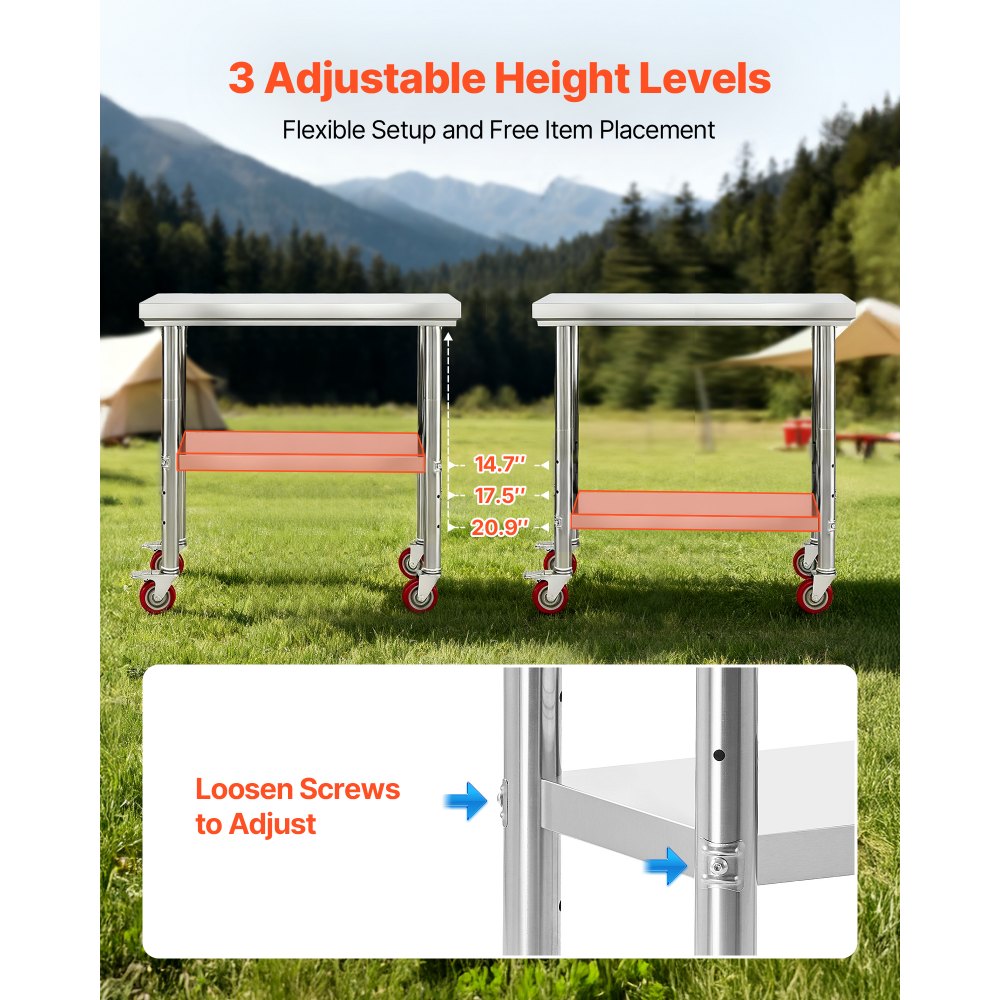 VEVOR Stół roboczy/kuchenny ze stali nierdzewnej (90 x 60 cm) do przygotowywania posiłków z kółkami, stół do przygotowywania potraw z regulowaną półką do kuchni komercyjnych, restauracji, hoteli, garaży i do użytku na zewnątrz