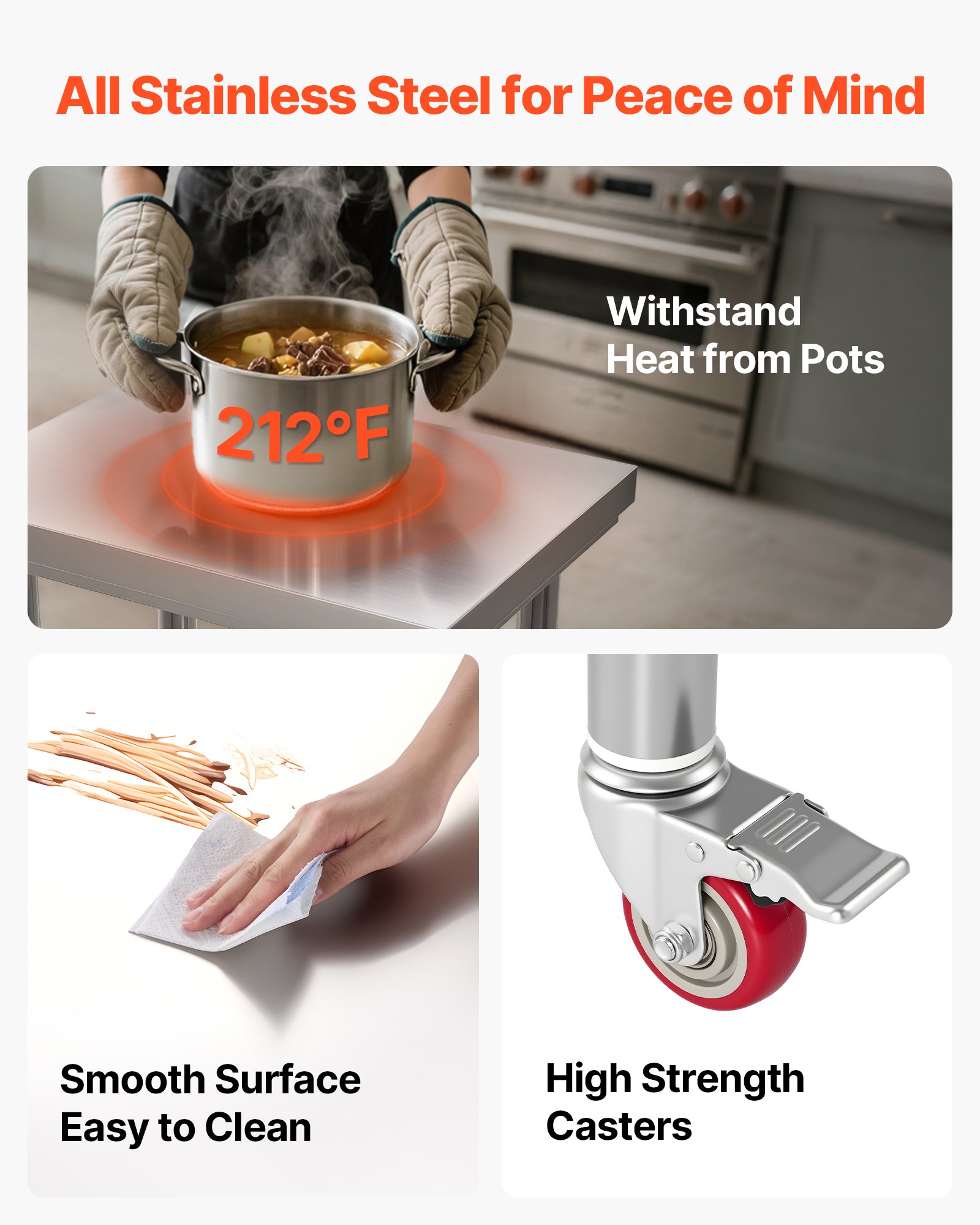 VEVOR Stół roboczy/kuchenny ze stali nierdzewnej (61 x 45 cm) do przygotowywania posiłków z kółkami, stół do przygotowywania potraw z regulowaną półką do kuchni komercyjnych, restauracji, hoteli, garaży i użytku na zewnątrz