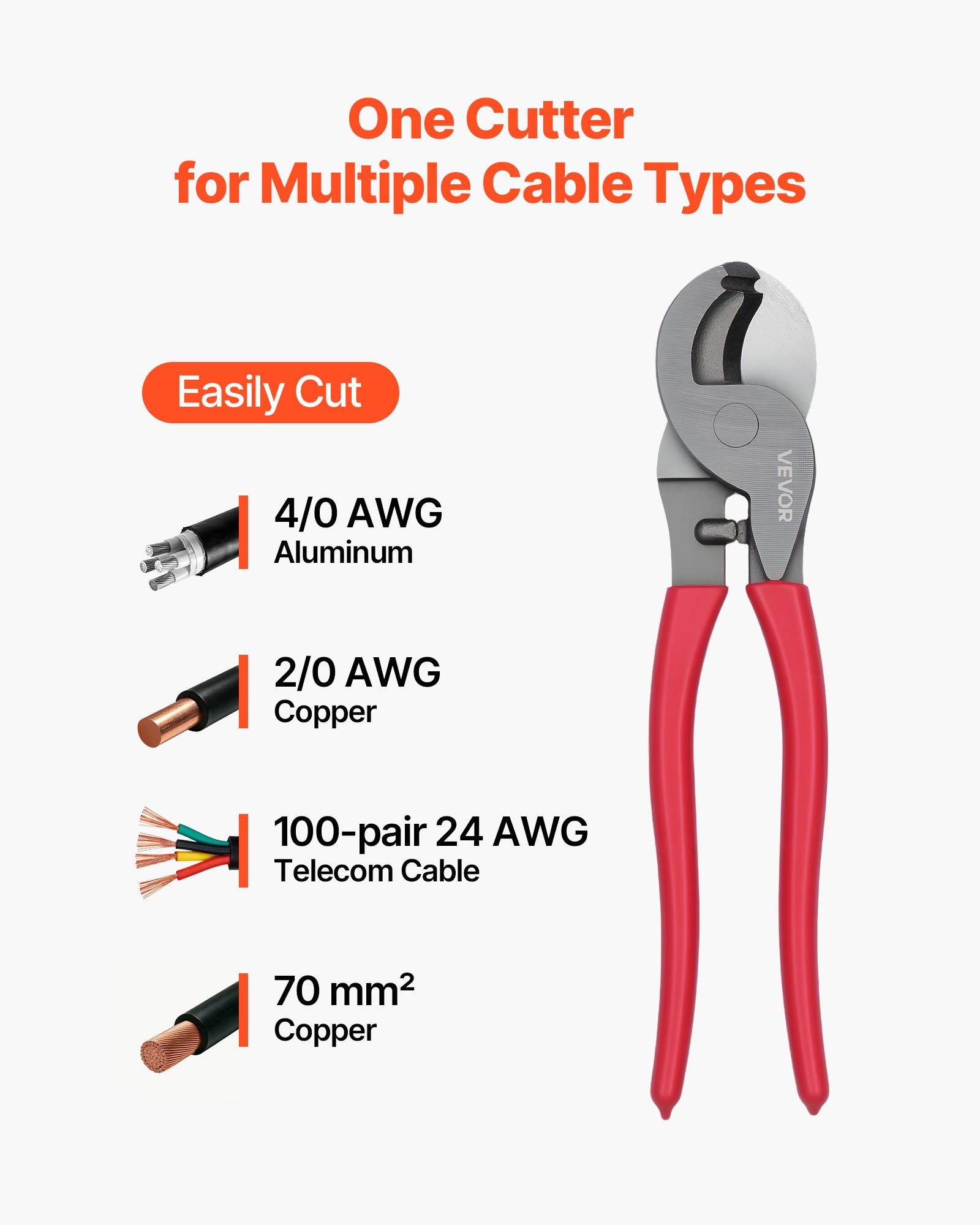 VEVOR Wytrzymały obcinak do kabli, 235 mm, kompaktowy rozmiar, z kutymi ostrzami i uchwytami powlekanymi PVC, do kabli aluminiowych 4/0 AWG, miękkich miedzianych 2/0 AWG i 100 par kabli komunikacyjnych 24AWG
