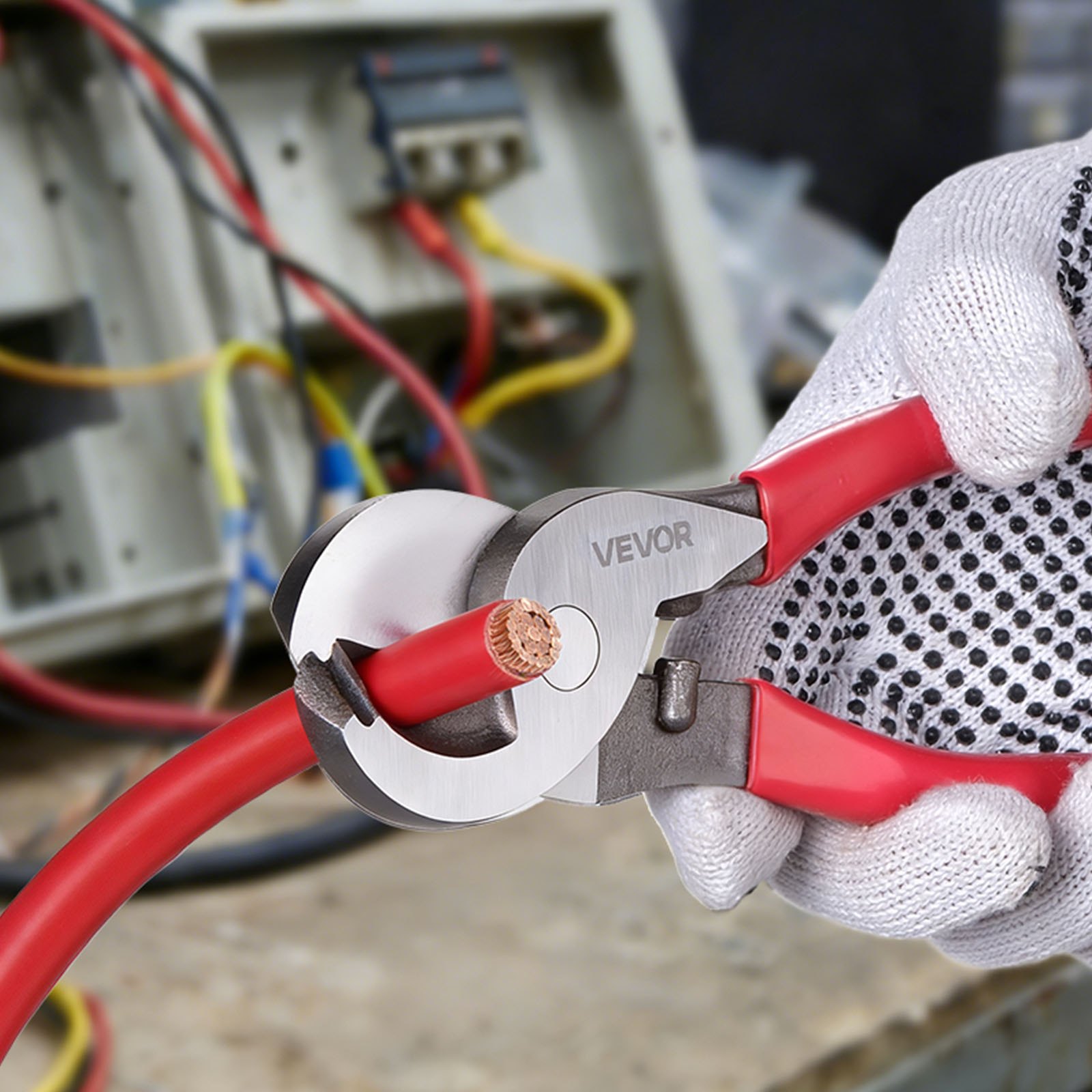 VEVOR Wytrzymały obcinak do kabli, 235 mm, kompaktowy rozmiar, z kutymi ostrzami i uchwytami powlekanymi PVC, do kabli aluminiowych 4/0 AWG, miękkich miedzianych 2/0 AWG i 100 par kabli komunikacyjnych 24AWG