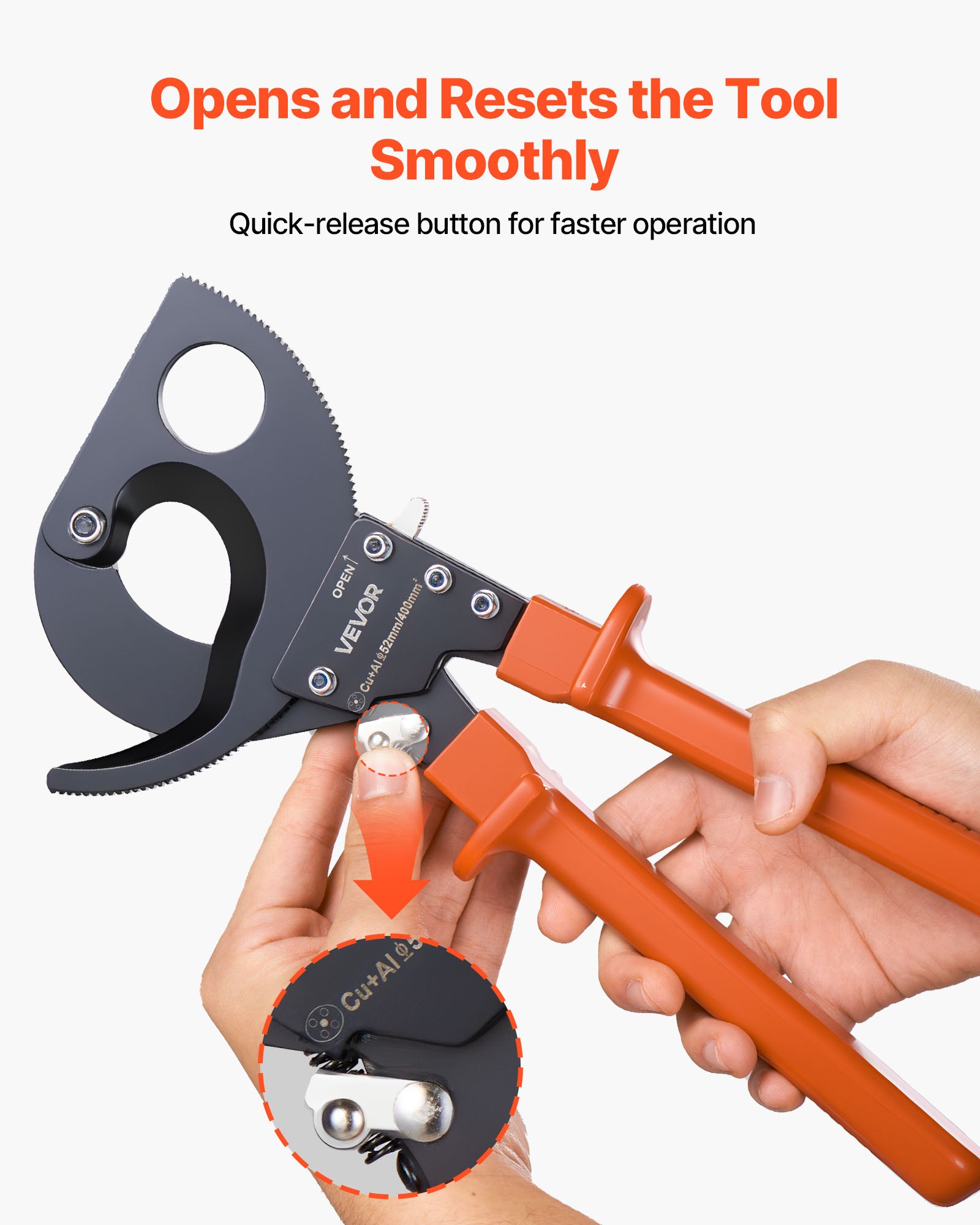 Obcinak do kabli z grzechotką VEVOR, ostrza ze stali sprężynowej z uchwytami powlekanymi PVC, przycisk szybkiego zwalniania, obcinak do kabli z grzechotką do cięcia kabli miedzianych i aluminiowych do 800 MCM / 400 mm²