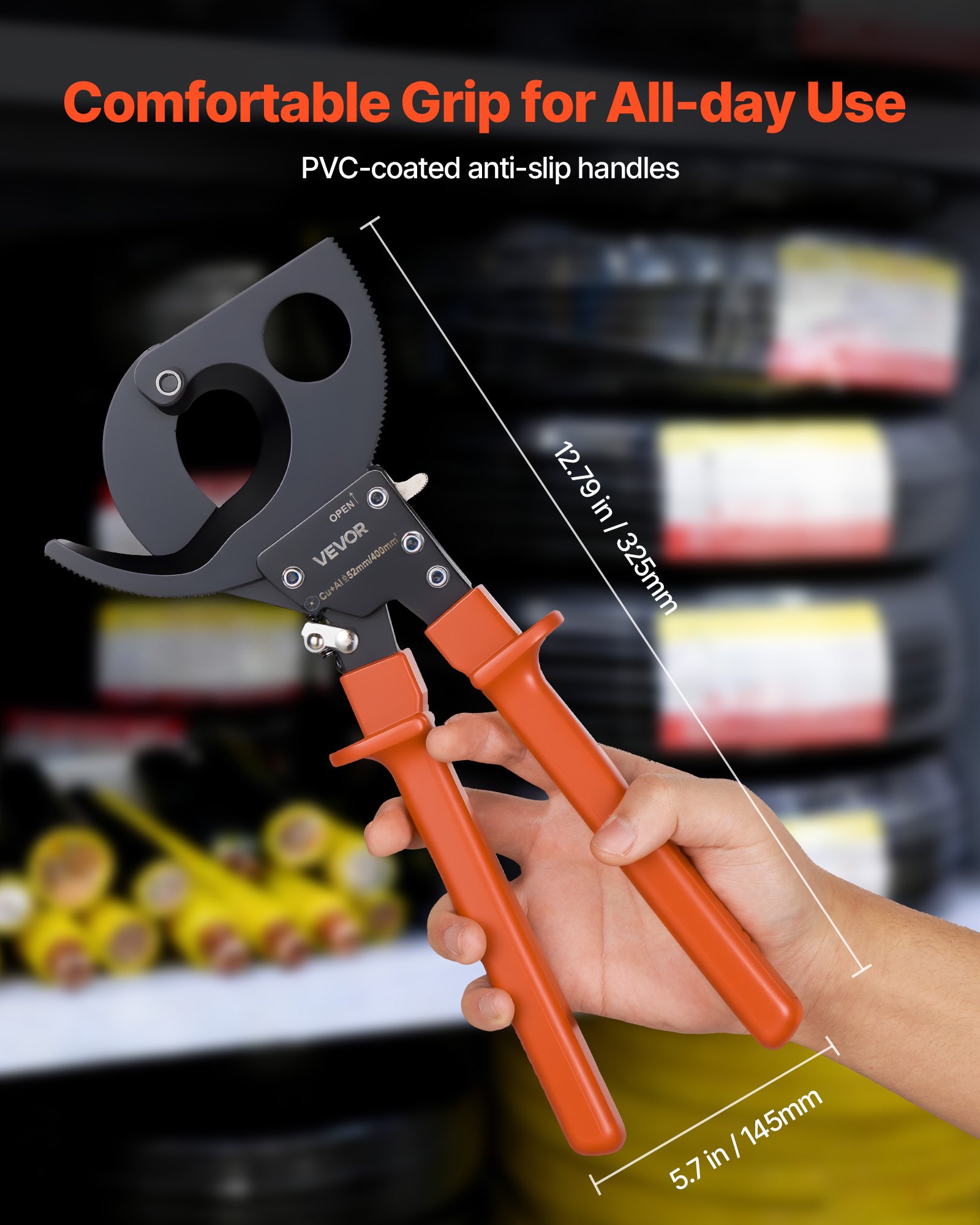 Obcinak do kabli z grzechotką VEVOR, ostrza ze stali sprężynowej z uchwytami powlekanymi PVC, przycisk szybkiego zwalniania, obcinak do kabli z grzechotką do cięcia kabli miedzianych i aluminiowych do 800 MCM / 400 mm²